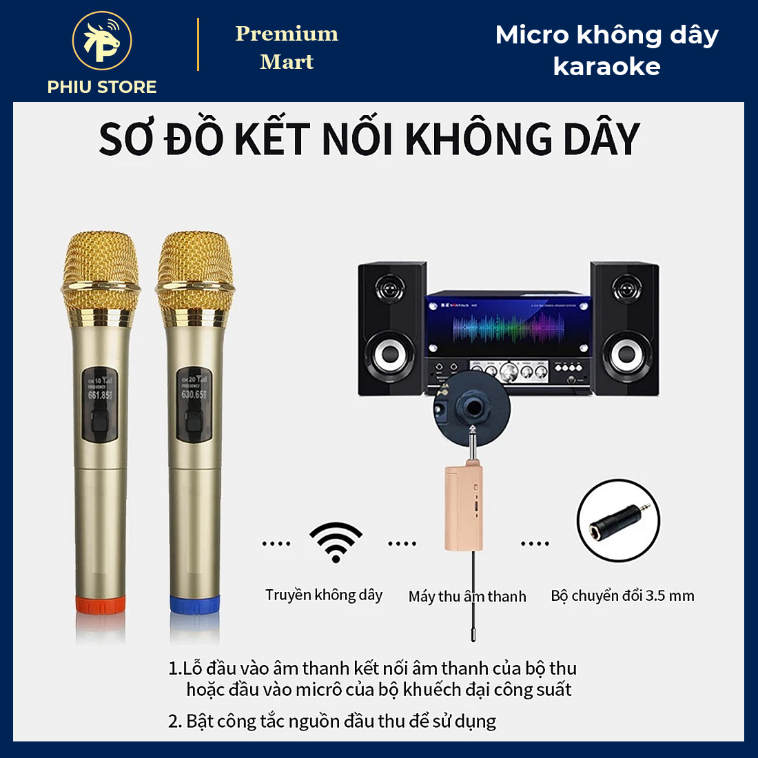 Bộ Micro Không Dây Karaoke UHF Cầm Tay, Kèm Đầu Thu Cắm Loa Kéo, Âm Ly, Mixer - PHIU STORE_thumbnail_2