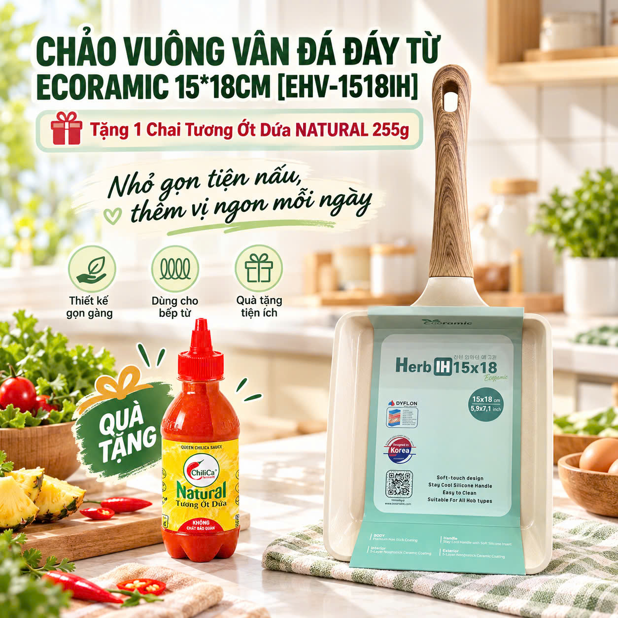 CHẢO VUÔNG ECORAMIC TẶNG 1 NATURAL Tương Ớt Dứa 255g