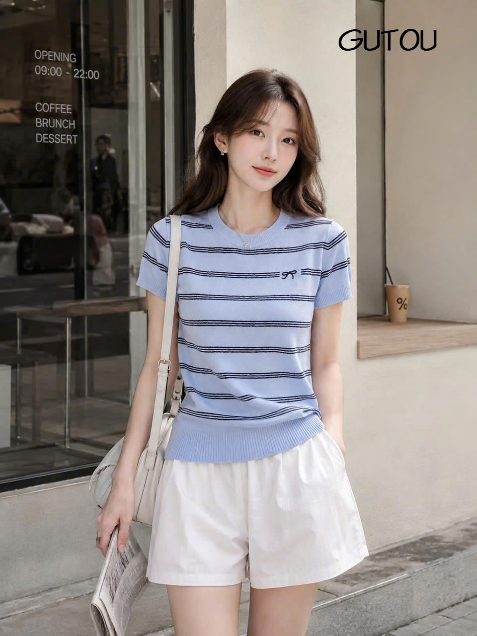 [ GUTOU ] Áo Len Mongtogi Tay Ngắn Sọc Ngang Họa Tiết Nơ Nhỏ_thumbnail_5