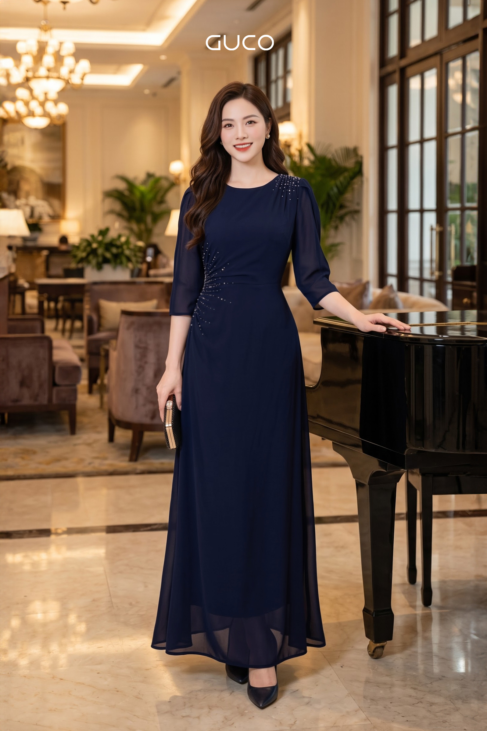 Đầm Dạ Hội Xanh Navy Tay Lỡ Đính Đá - 5276_thumbnail_3