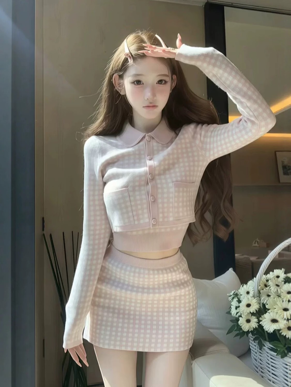 Lucas - Set váy len 3 chi tiết áo yếm + áo khoác cài cúc + chân váy ngắn họa tiết caro cổ sen_thumbnail_1