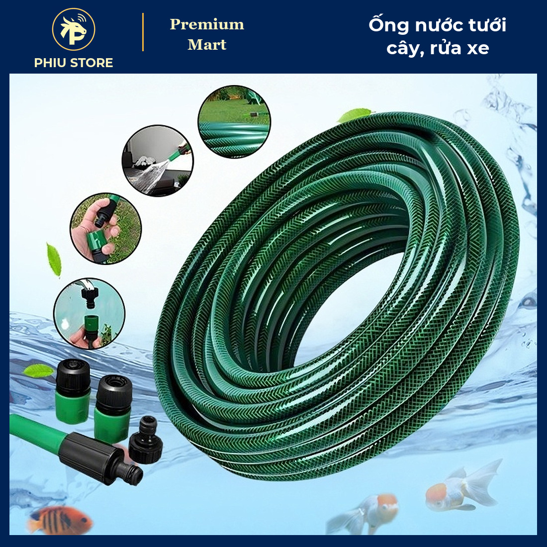 Ống Nước Nhựa Dẻo Tưới Cây, Rửa Xe 10–30 m Kèm Bộ 4 Phụ Kiện Đầu Nối Nhanh, Vòi Xịt - PHIU STORE