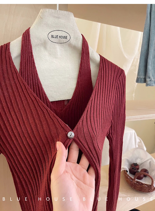 Lucas - Set áo len yếm + áo cardigan 1 cúc gân dọc_thumbnail_2