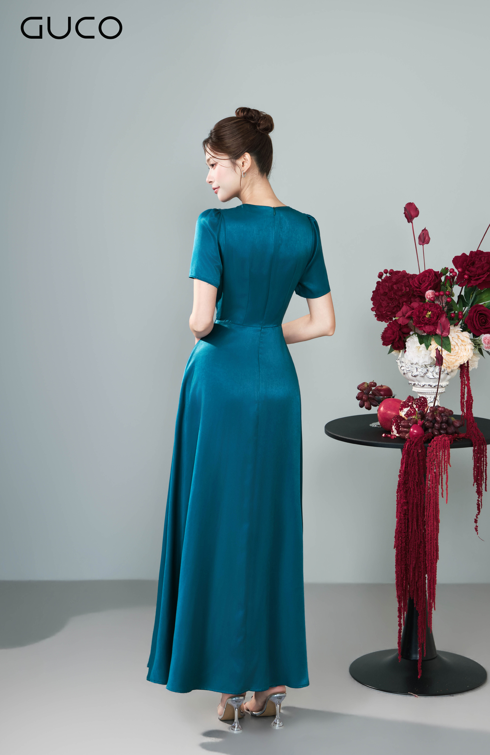 Đầm Dài Xanh Teal Cổ Tròn Nhún Vai - 5285_thumbnail_4
