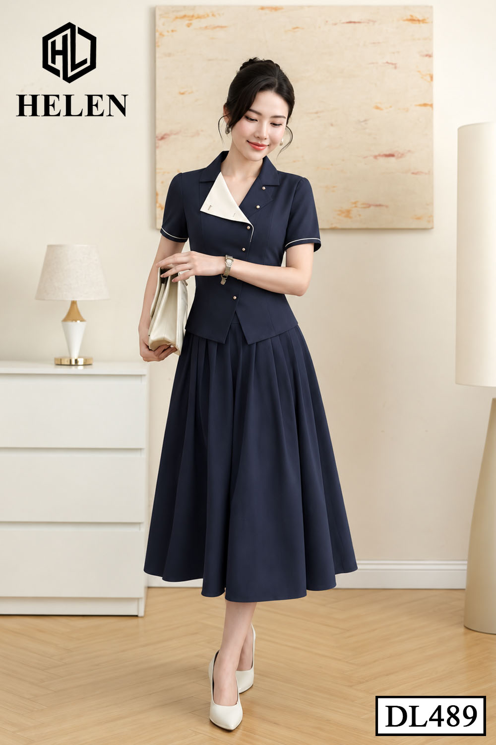 Đầm xòe xanh than liền thân phối cổ trắng DL489_thumbnail_3