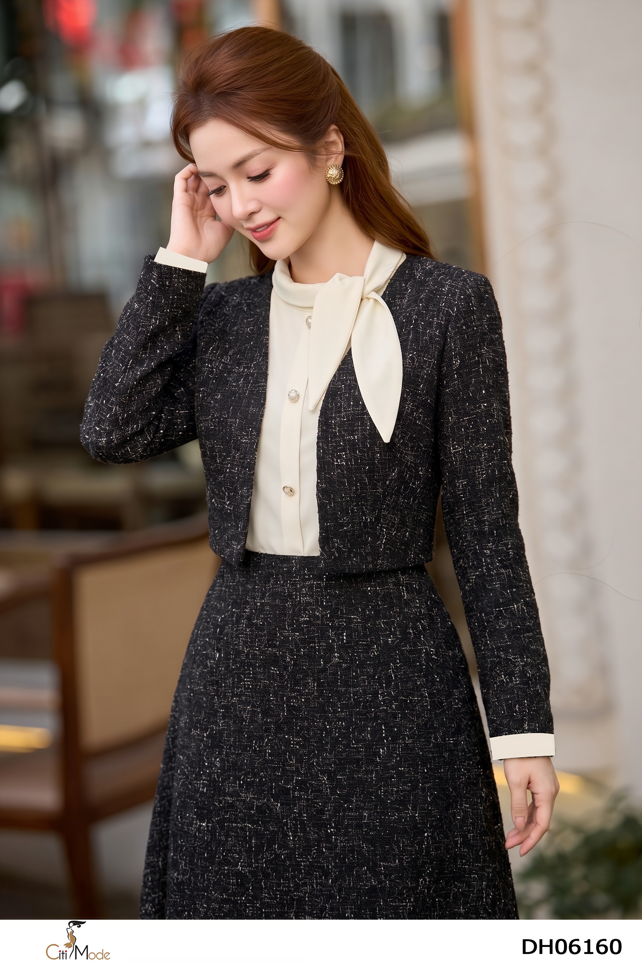 Đầm xòe dạ đen giả sét phối trắng kem tay dài cổ cách điệu_thumbnail_3