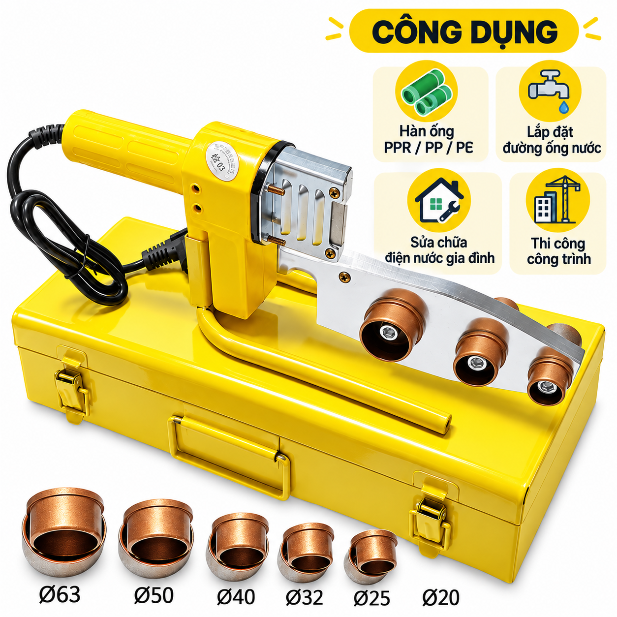 Máy hàn nhiệt - hàn ống nước, các loại ống nhựa nhiệt dẻo PP-R, PE, PP-C.Công suất 500W / 1200W,cốc từ 20-63, dây chống cháy_thumbnail_0