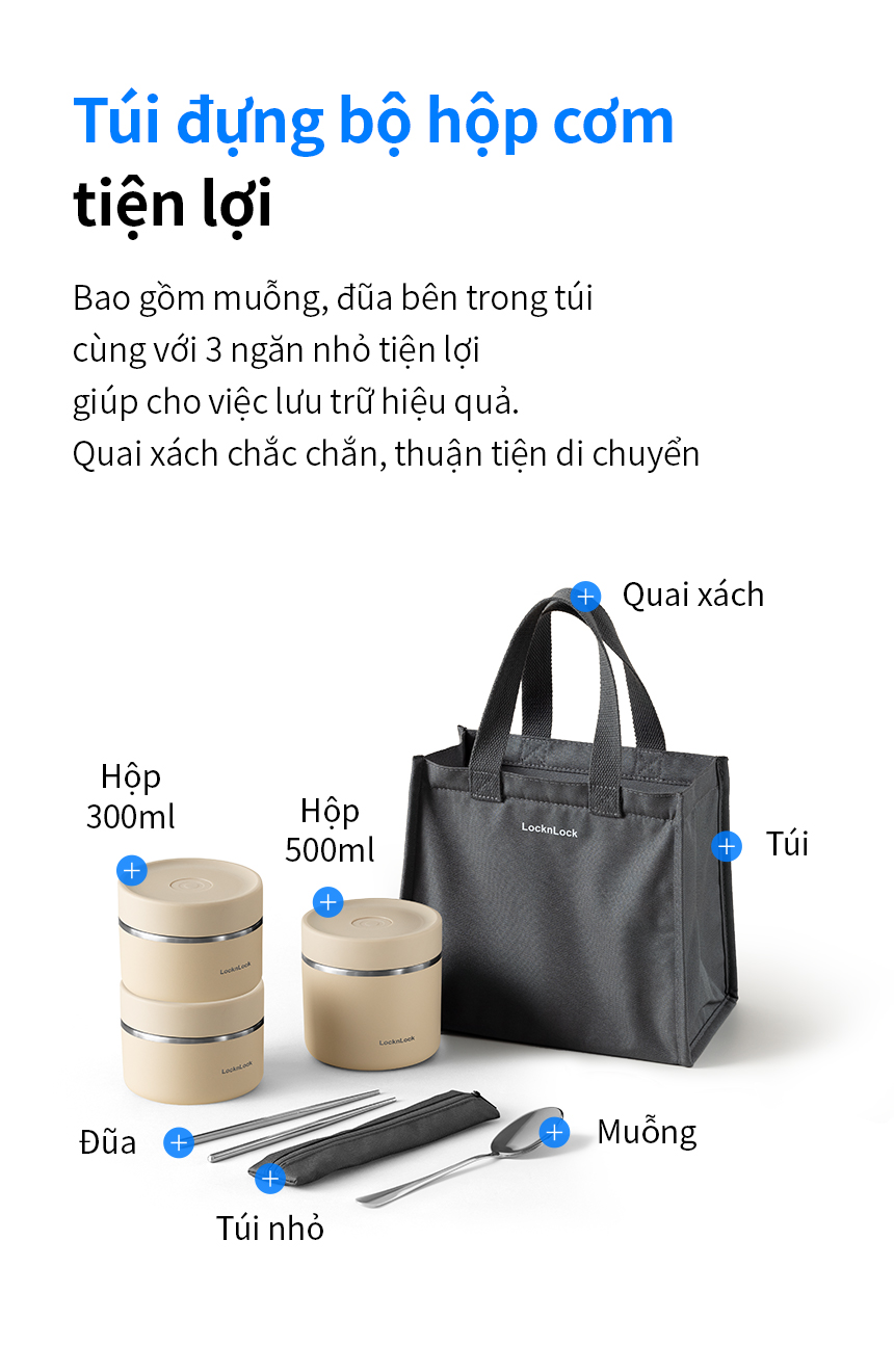 Bộ hộp cơm giữ nhiệt Lock&Lock Pump Vacuum Lunch Box (300ml*2, 500ml*1, bộ đũa và thìa, túi) LHC8052S02_thumbnail_9