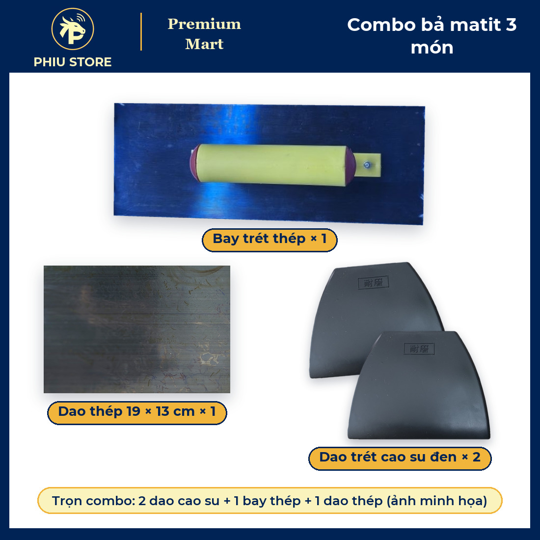 Combo Bả Matit 3 Món: 2 Dao Trét Cao Su Đen, Bay Trét Thép, Dao Thép 19 cm - Trét Bột, Trám Bề Mặt - PHIU STORE_thumbnail_3