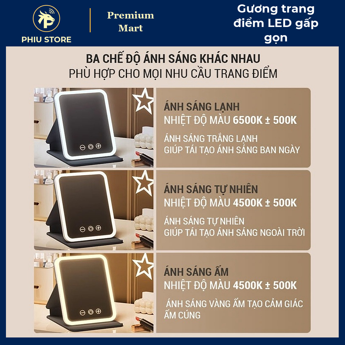 Gương Trang Điểm Có Đèn LED Gấp Gọn 3 Chế Độ Sáng, Pin Sạc 2400mAh, Để Bàn Mang Du Lịch - PHIU STORE_thumbnail_2