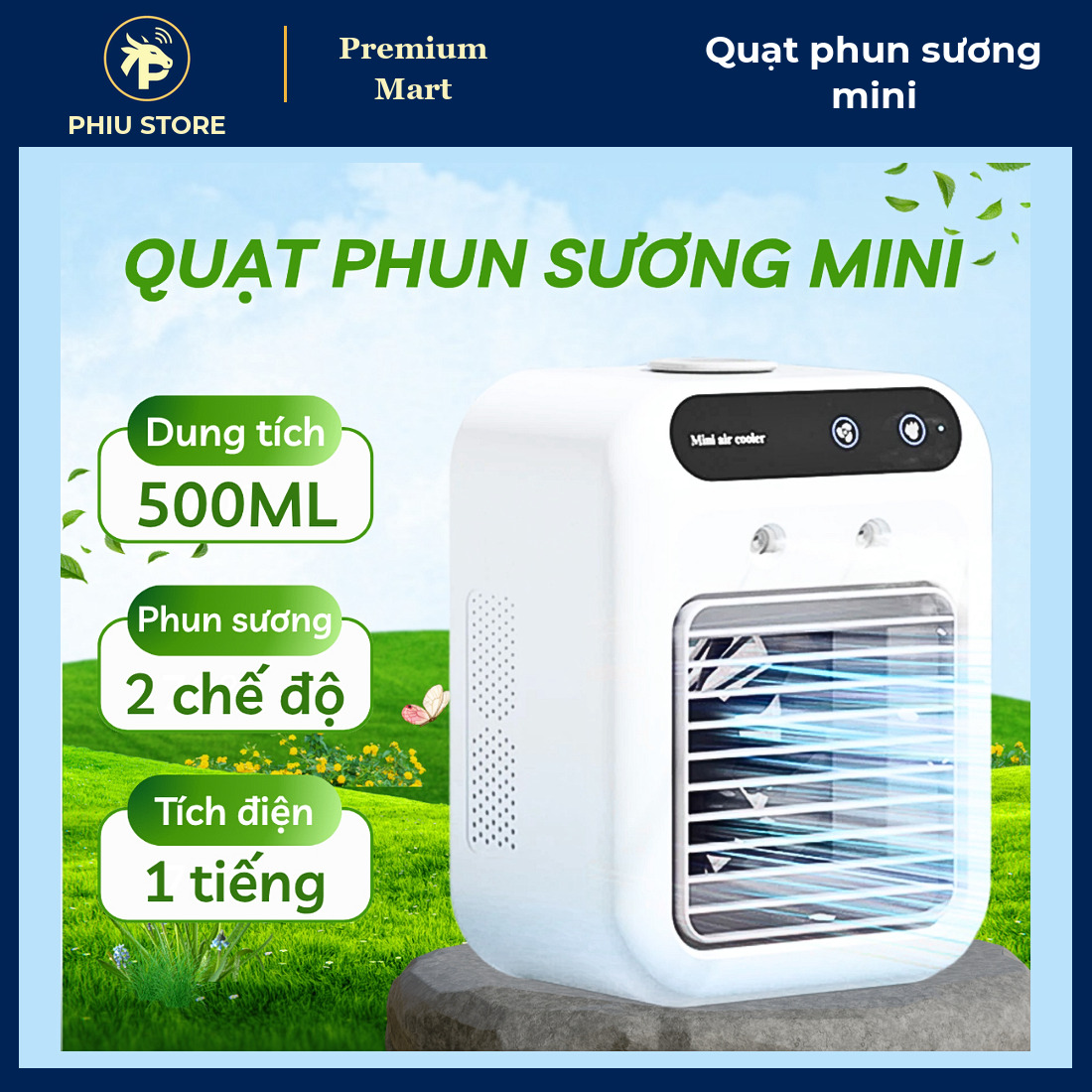 Quạt Phun Sương Tích Điện Mini Để Bàn, Bình Nước 500 Ml, 2 Tốc Độ Gió, Sạc Type C, Quạt Hơi Nước Làm Mát - PHIU STORE