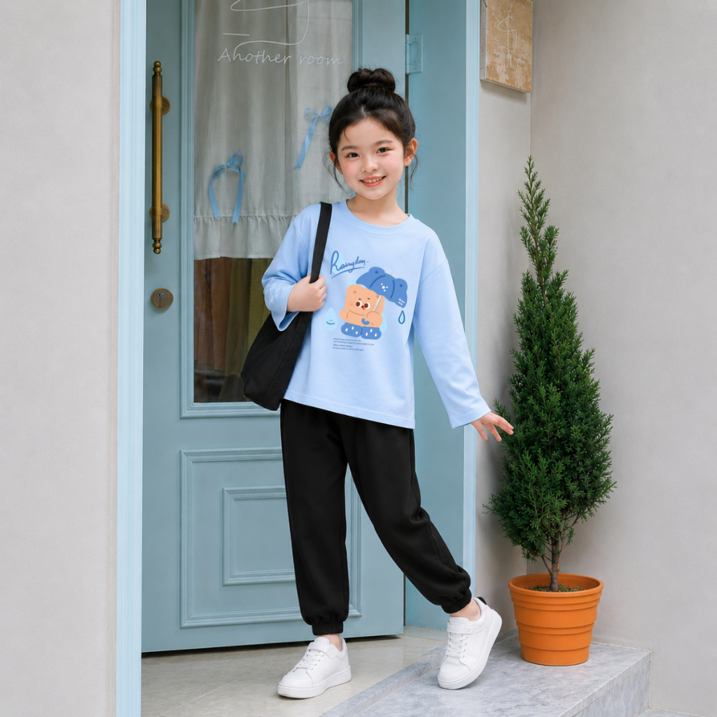 Set bộ Thu - Đông chất liệu cotton bé gái in hình gấu che ô Rainyday đáng yêu - Loza Kids BW001_thumbnail_1
