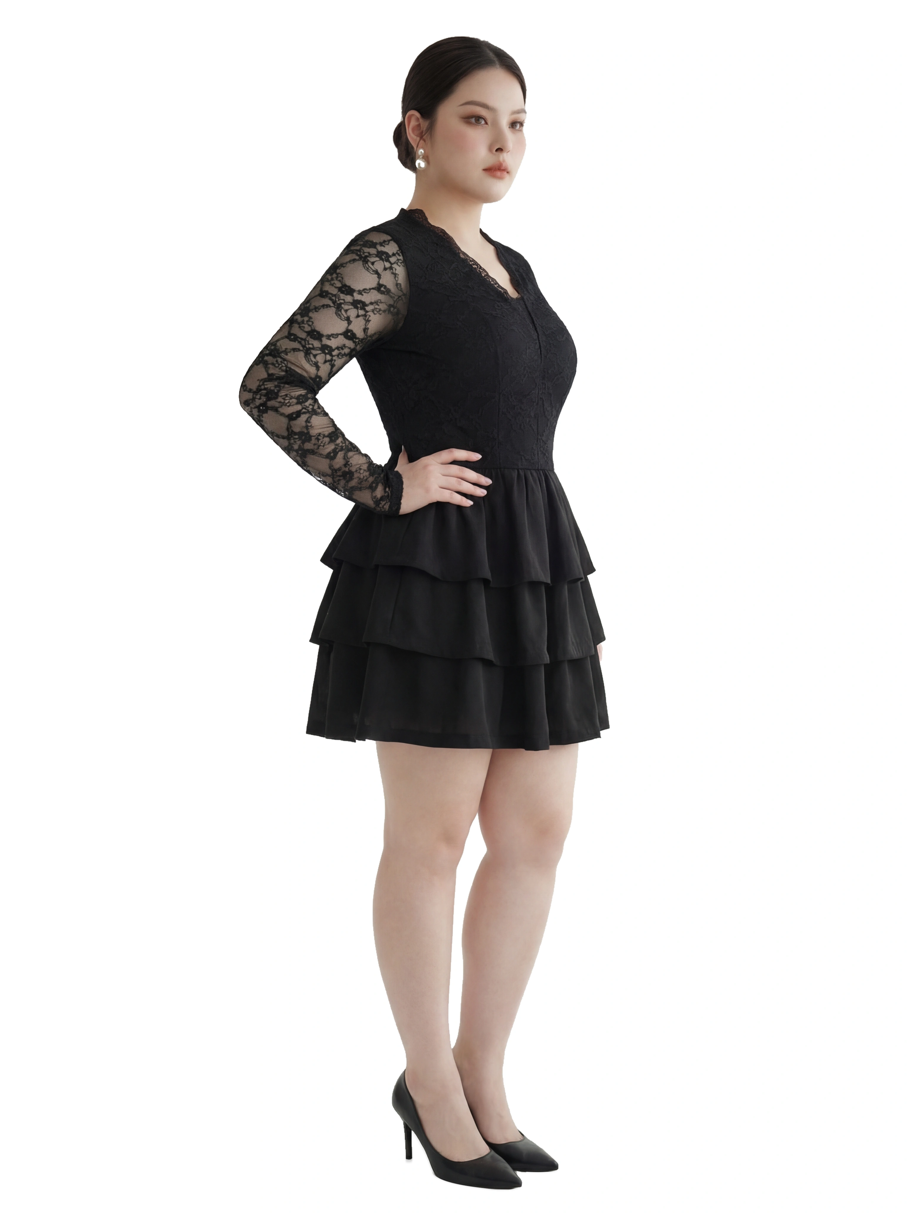 Đầm Ren Hoa Tay Dài Bigsize Dáng A Phối Ba Tầng Lót Thun - Đen - Vừa 55–95kg - V-DA212_thumbnail_1