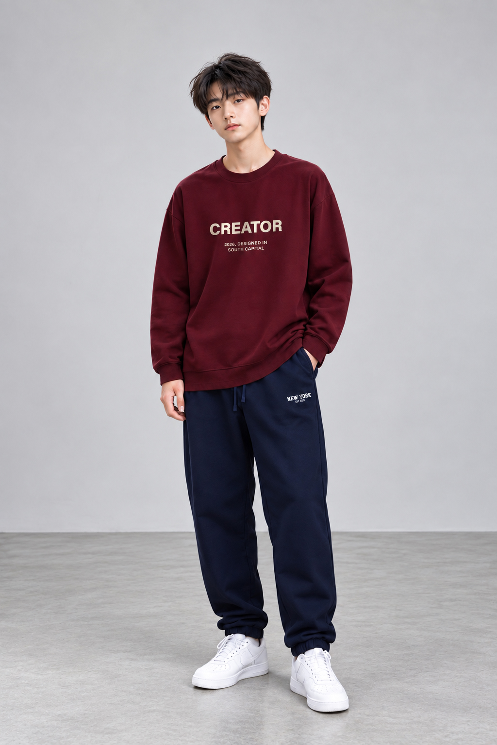 Phối áo nỉ đỏ đô CREATOR với quần jogger navy và sneaker trắng