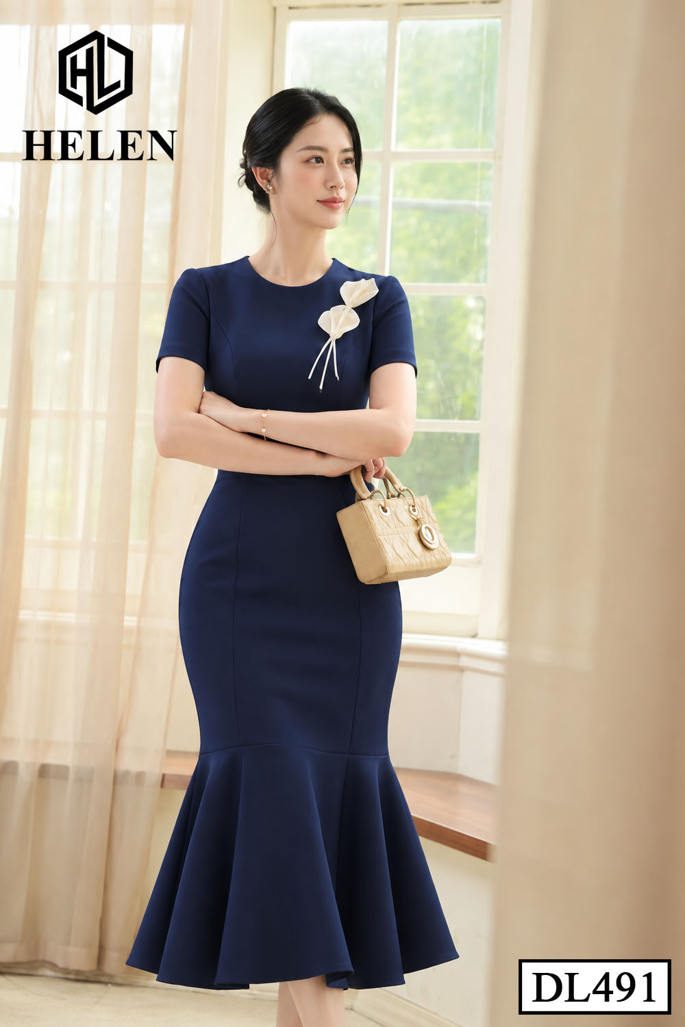 Đầm ôm xanh than đuôi cá đính hoa DL491