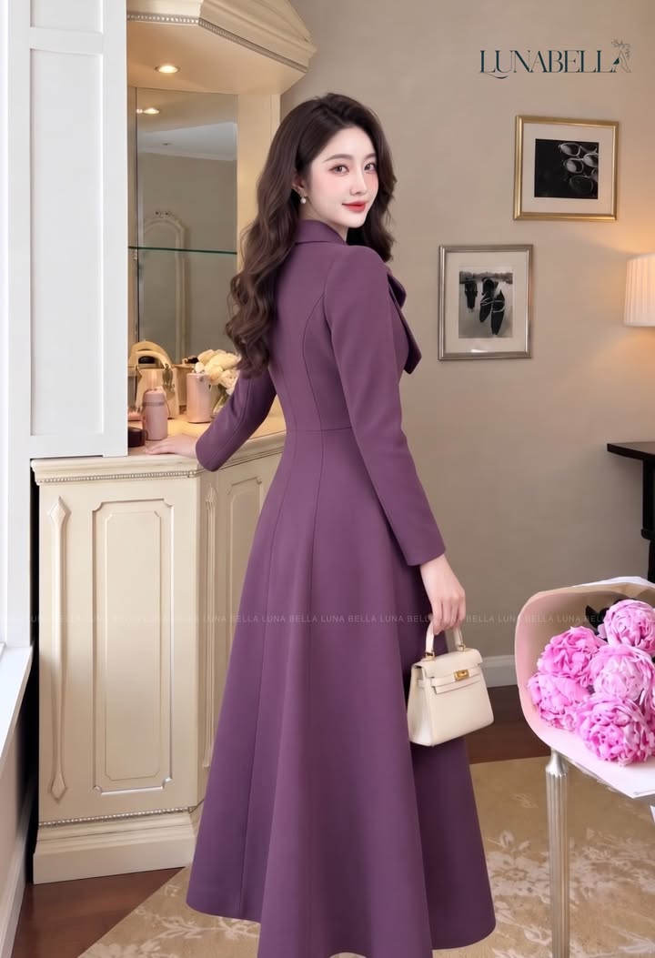 Váy dài tay cổ nơ cúc bọc VYRELLE màu TÍM_thumbnail_2