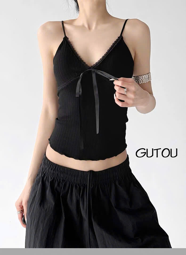 [ GUTOU ] Áo Hai Dây Dáng Ôm Viền Ren Mềm Đính Nơ Femini Top_thumbnail_9