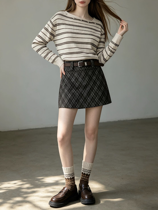 Lucas - Chân váy dạ kẻ sọc chéo nối cạp đỉa bản lớn + belt da lộn nâu_thumbnail_4