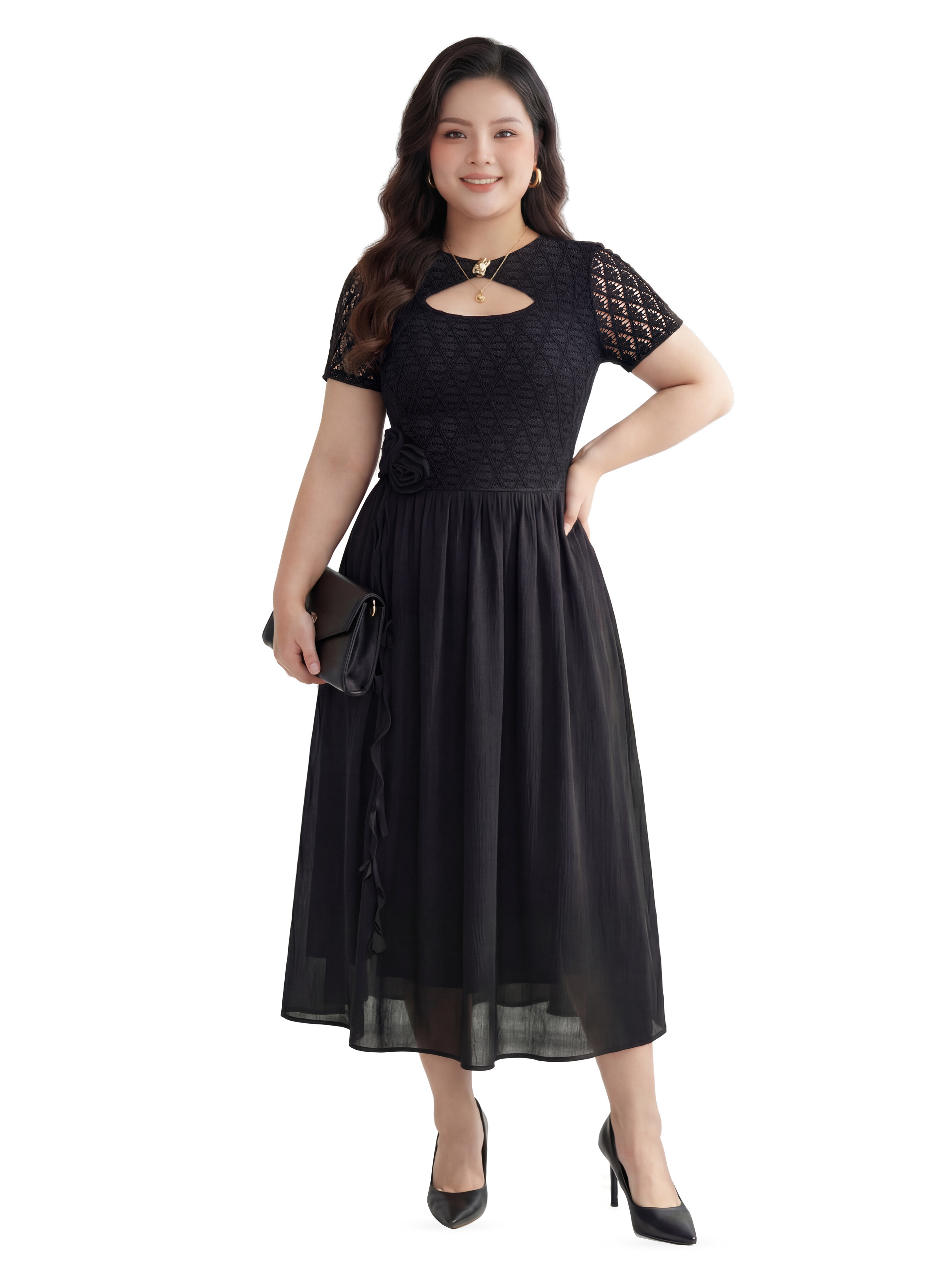 BIGSIZE NỮ - Đầm dáng dài phối hoa kiểu V-DA208