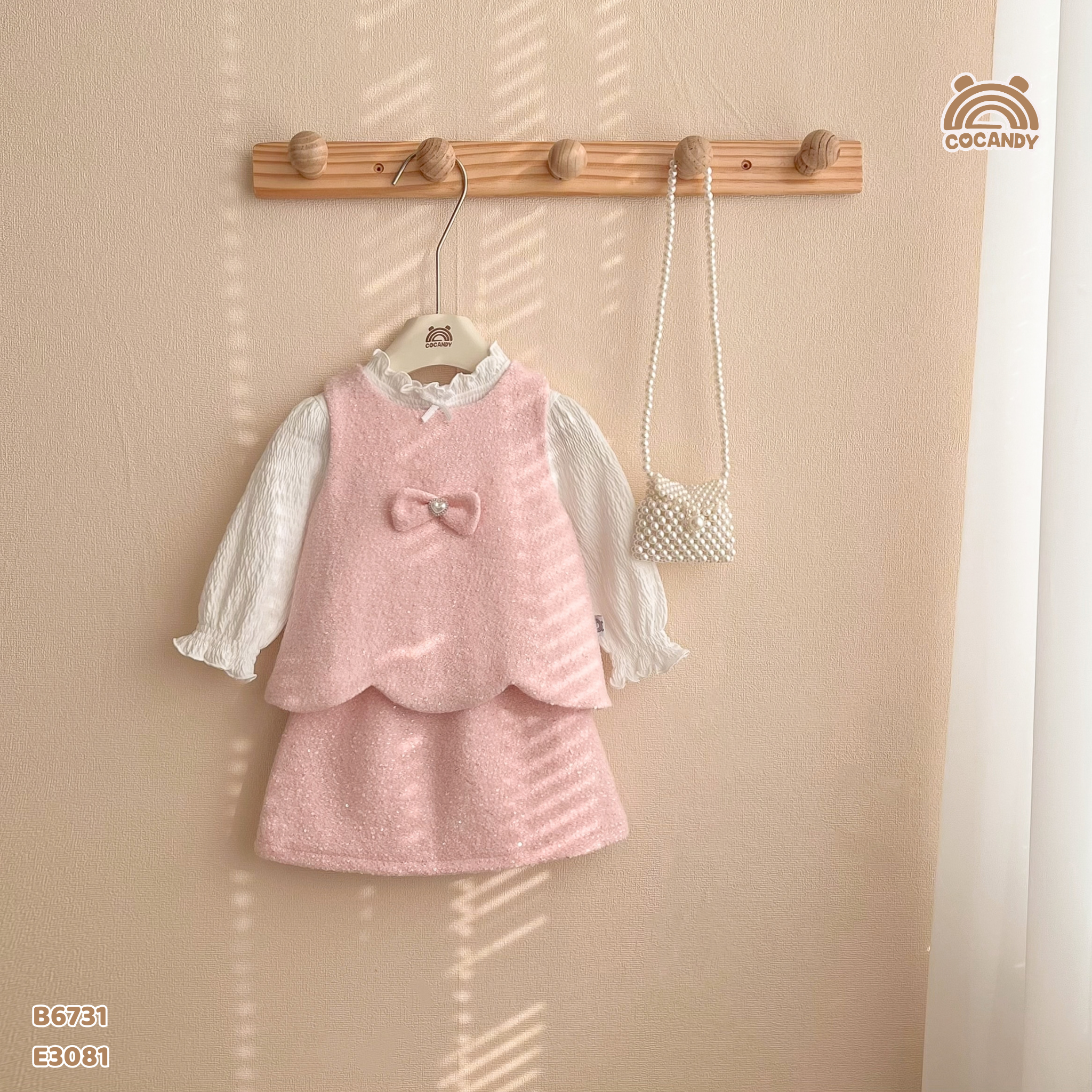 Bộ gile dạ tweed HỒNG phối nơ