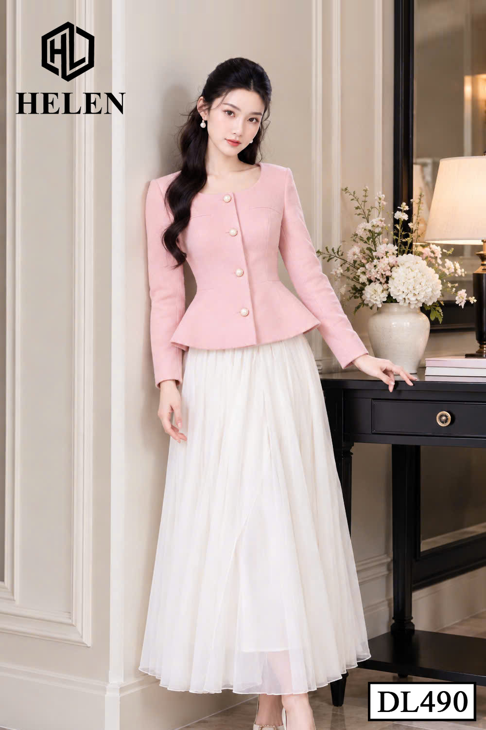 Đầm xòe liền thân hồng phối chân voan DL490