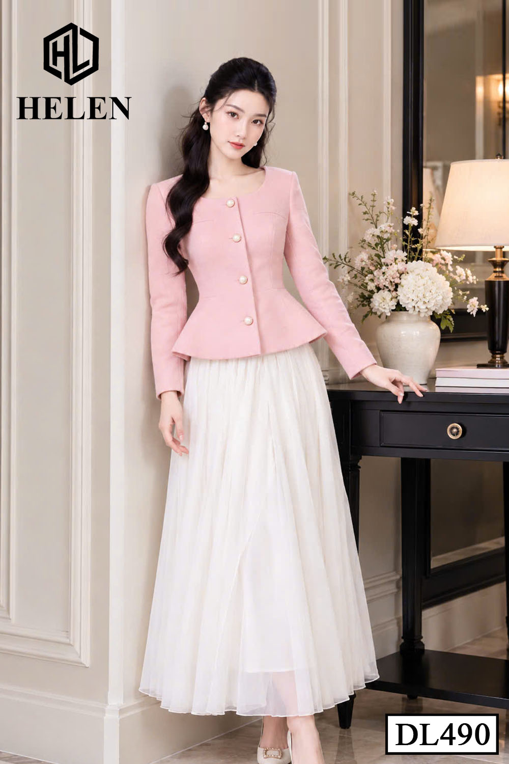 Đầm xòe liền thân hồng phối chân voan DL490_thumbnail_1