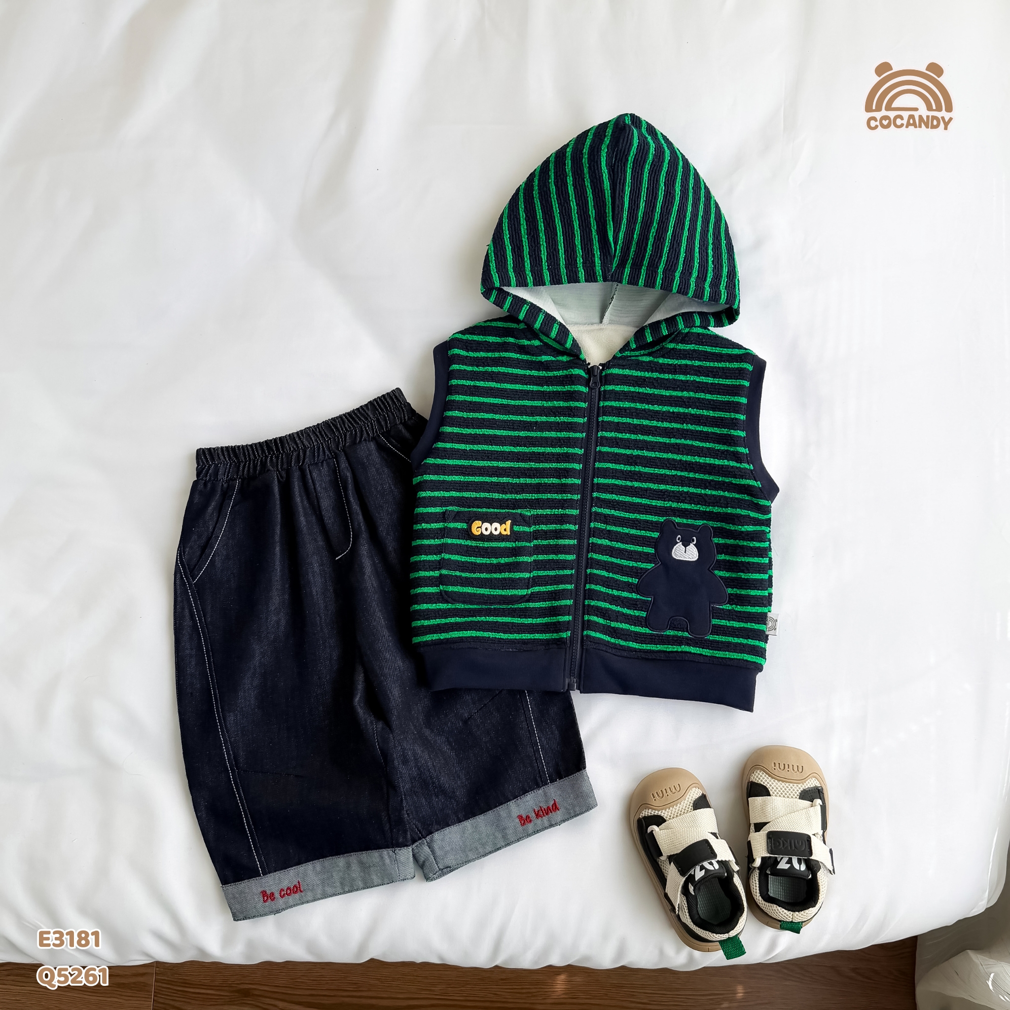 Áo gile kẻ XANH hoodie hình gấu