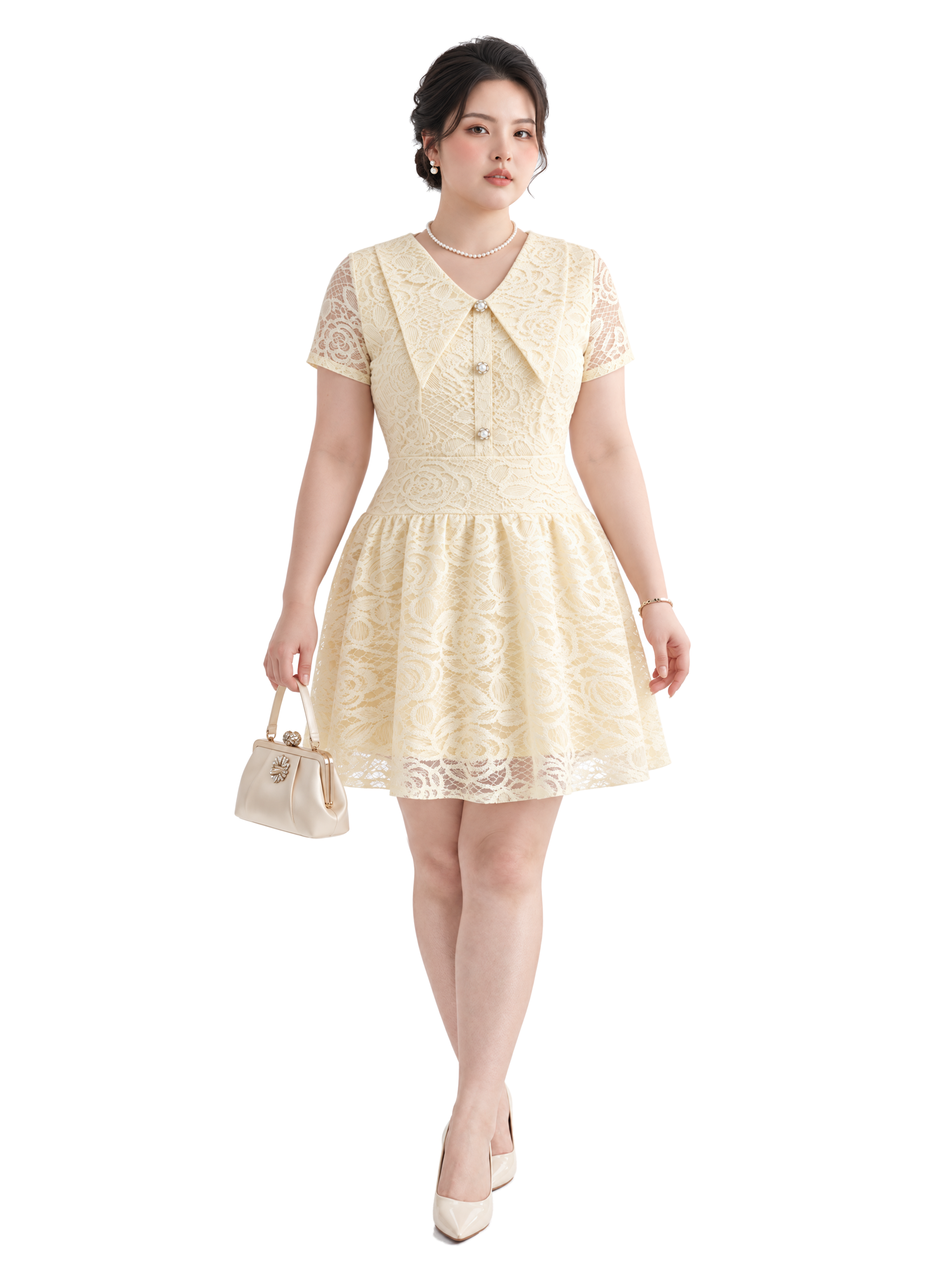 Đầm Ren Hoa Phối Nút Tùng Phồng Bigsize 3 Lớp Có Lót Dễ Mặc Cho Nữ - Vừa 55-90kg - V-DA229