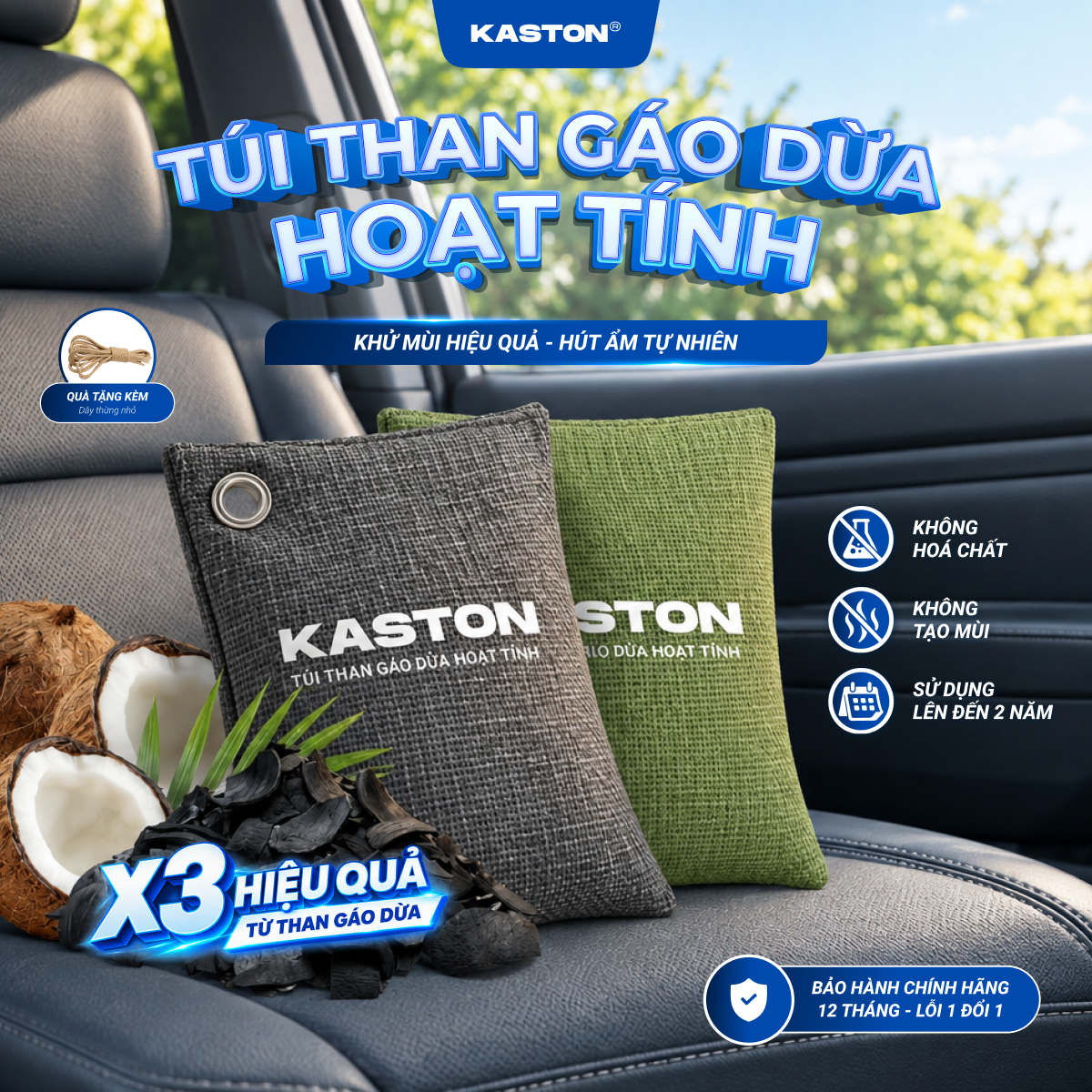 Túi Than Gáo Dừa Hoạt Tính Kaston - Khử Mùi Xe Ô Tô, Tủ Quần Áo, Tủ Giày, Tủ Lạnh, Hút Ẩm & Lọc Không Khí Tự Nhiên 