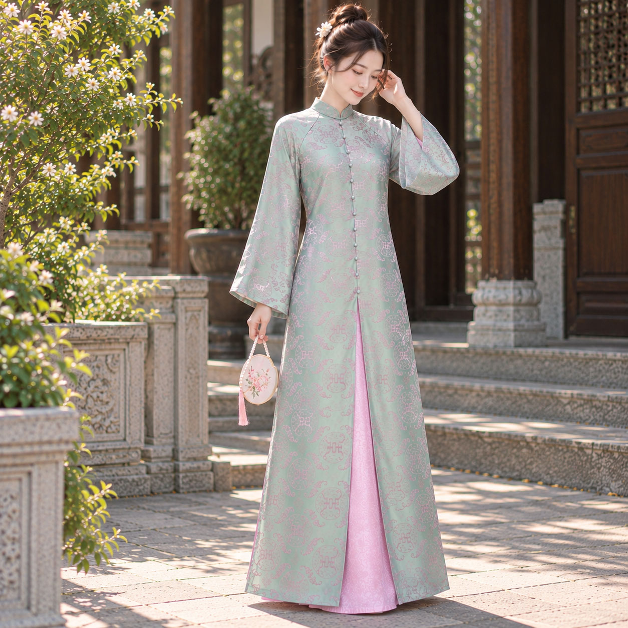 Áo Dài Cách Tân Nữ Tằm Thọ Dơi Phối Yếm Dáng Suông – CT27-05_thumbnail_3