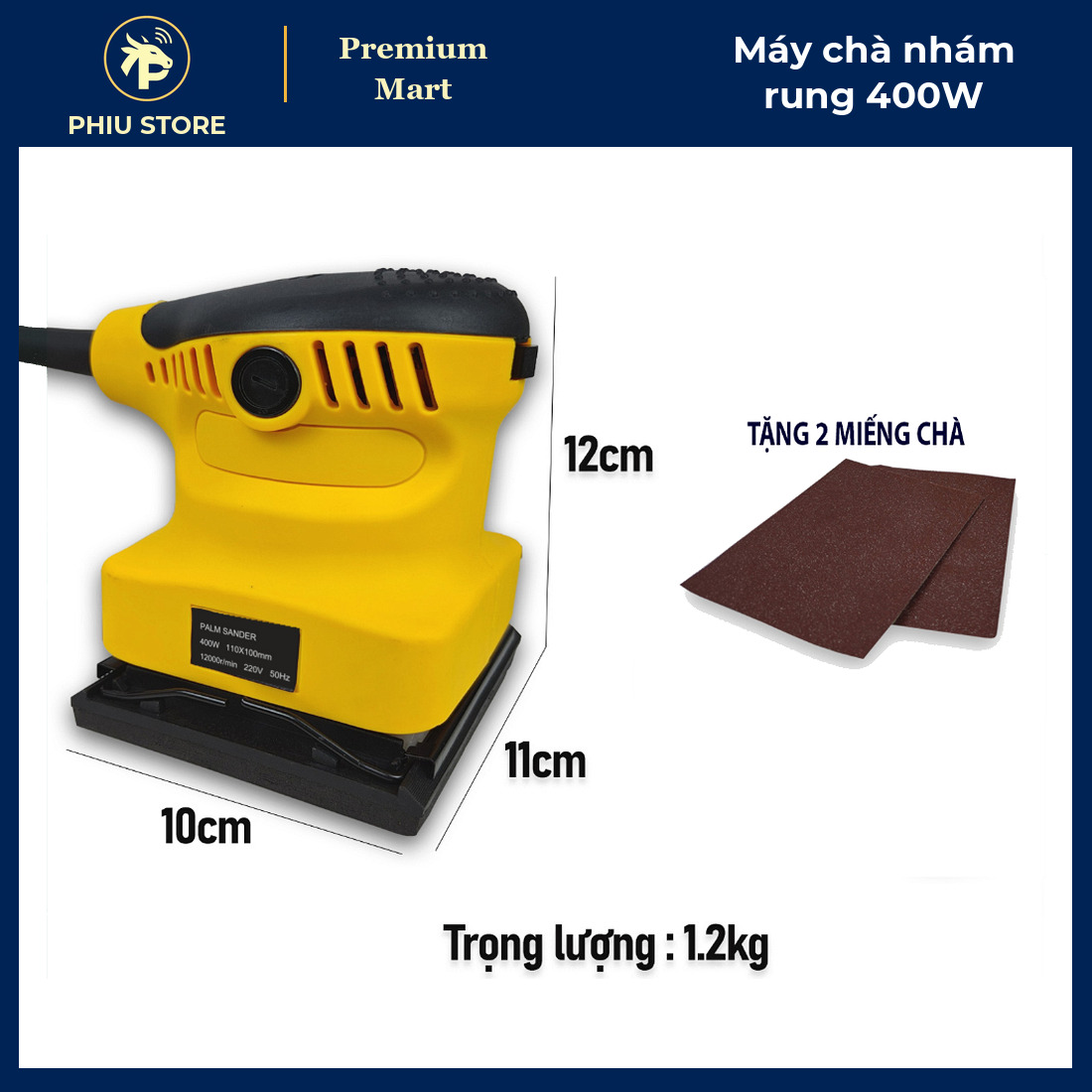 Máy Chà Nhám Rung Cầm Tay 400W Màu Vàng, Mặt Nhám 110 x 100 mm, Tặng 2 Miếng Giấy Nhám - Chà Mịn Gỗ - PHIU STORE_thumbnail_4