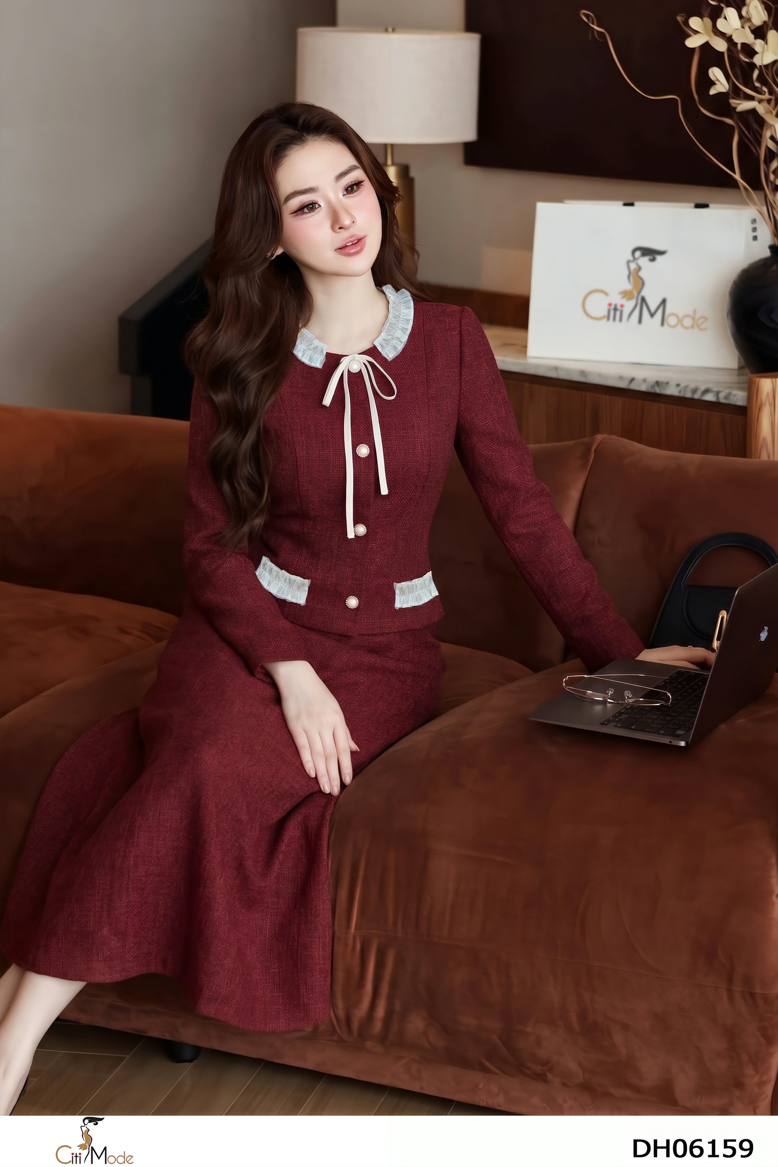 Đầm xòe dạ đỏ giả sét tay dài cổ nhún cách điệu_thumbnail_4