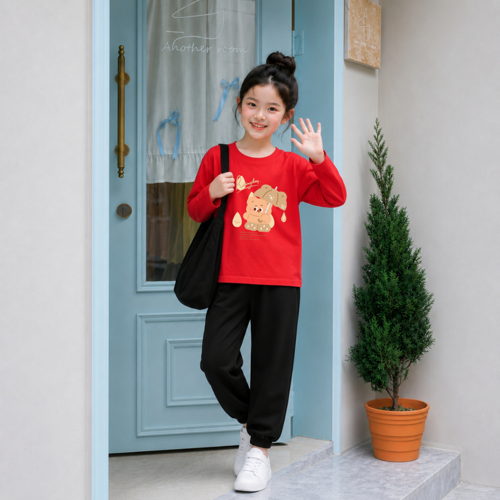 Set bộ Thu - Đông chất liệu cotton bé gái in hình gấu che ô Rainyday đáng yêu - Loza Kids BW001_thumbnail_2