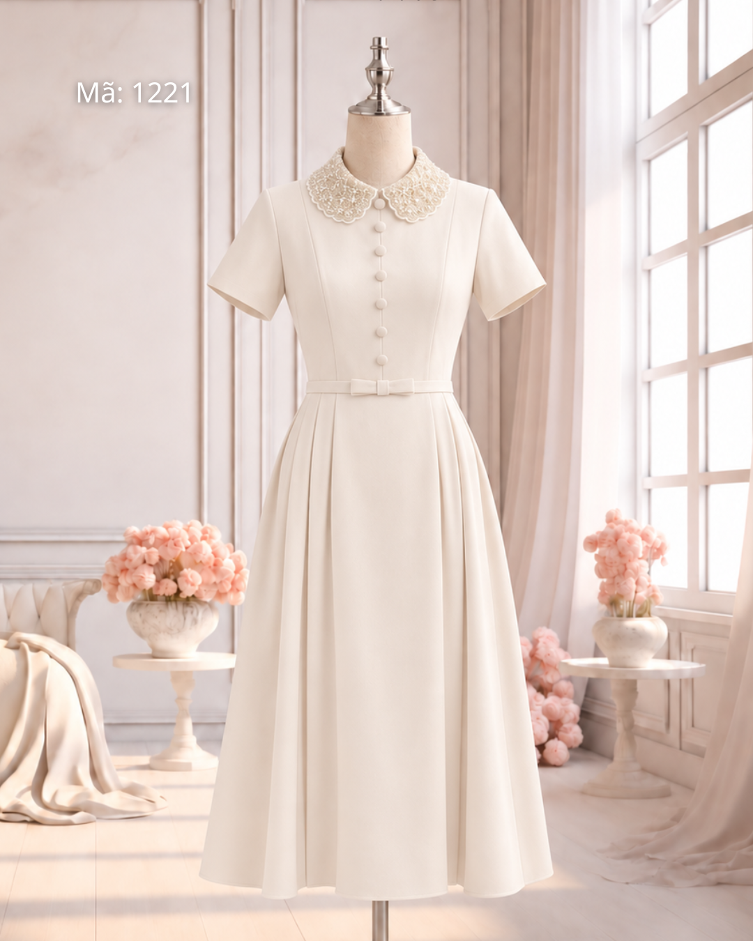 Đầm Xoè Cúc Bọc Nơ Eo Cườm Cổ