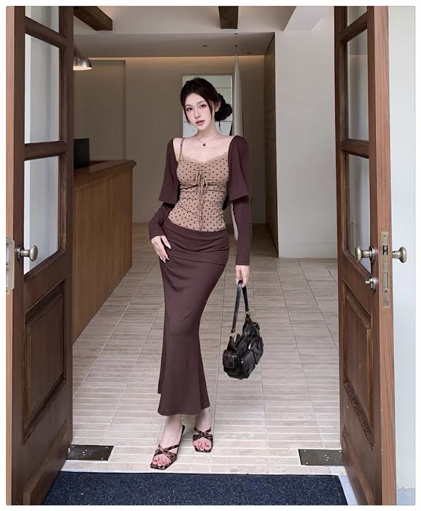 Lucas - Set áo 2 dây chấm bi viền ren buộc nơ ngực + áo cardigan thun + chân váy thun maxi_thumbnail_1