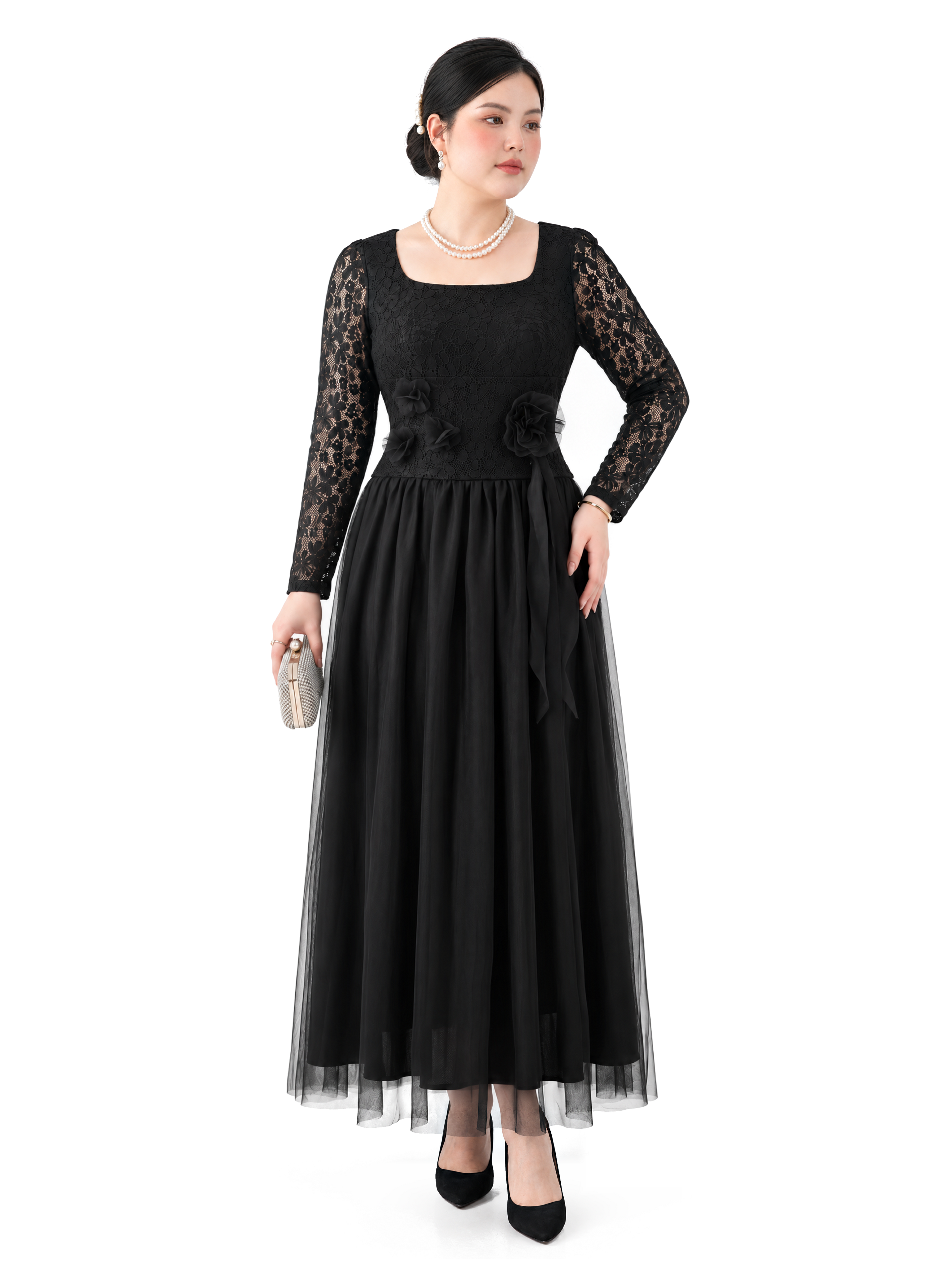 Đầm Dáng Dài Ren Hoa Phối Lưới Tay Dài Bigsize Cổ Vuông Tạo Eo Nhẹ - Vừa 55-90kg - V-DA227