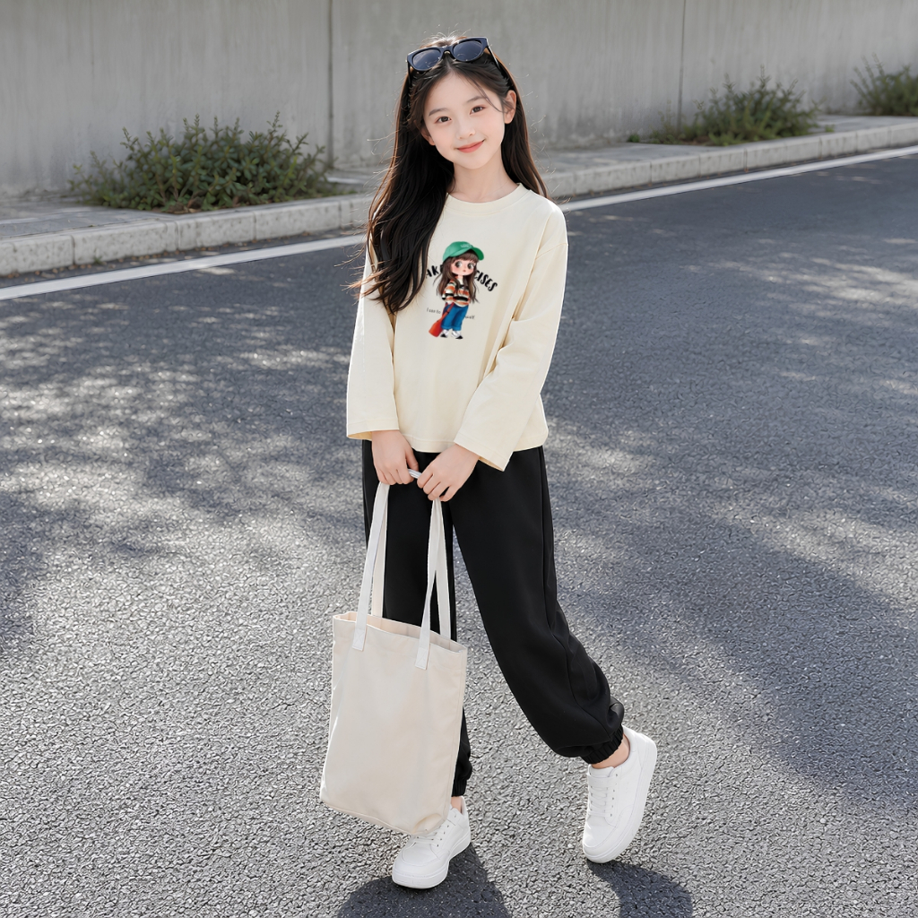 Set bộ Thu - Đông bé gái chất liệu cotton hình Cô gái đội mũ - Loza Kids BW726
