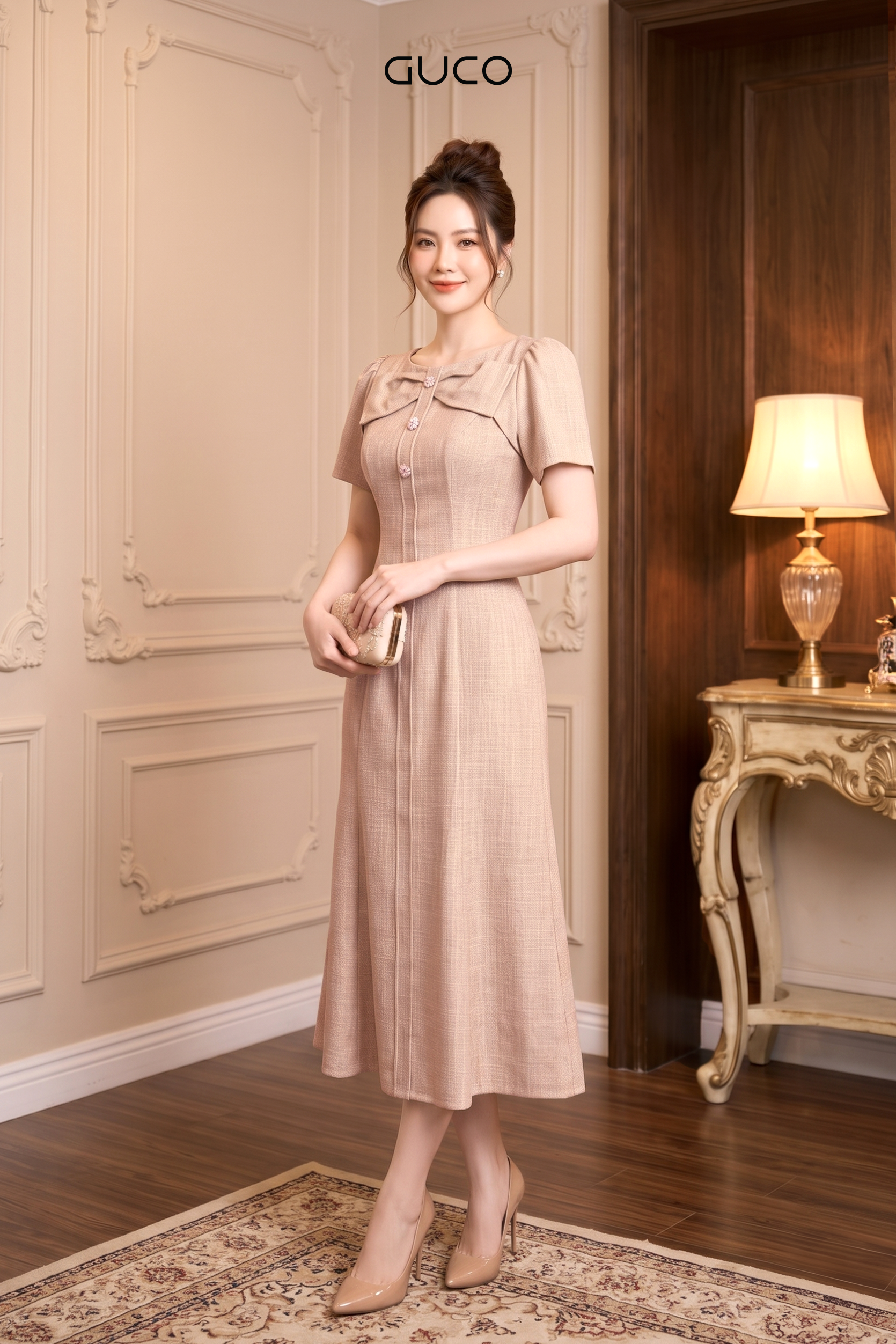 Đầm Suông Kem Cổ Nơ Đính Nút - 5314_thumbnail_1