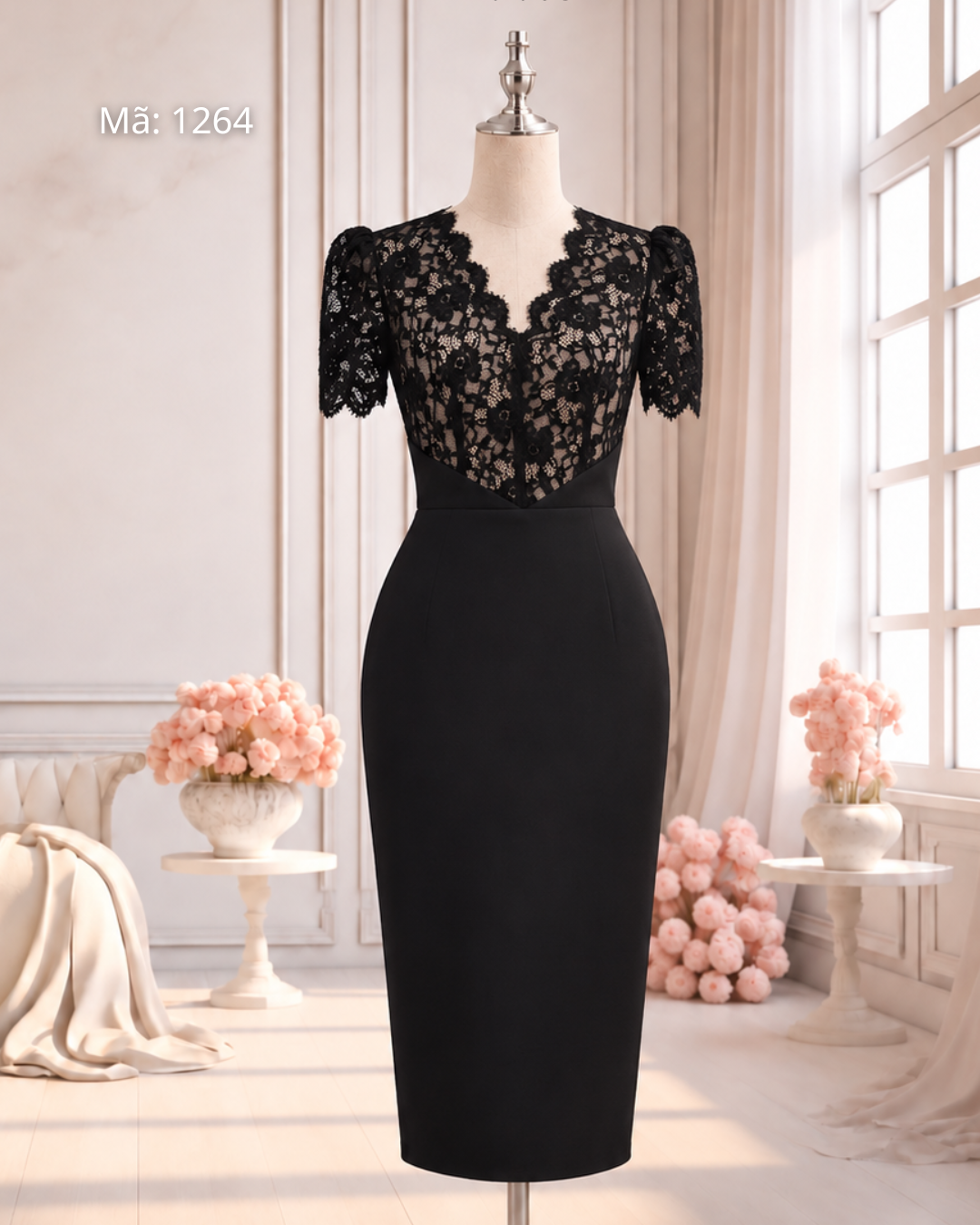 Đầm Bút Chì Phối Ren Cổ V