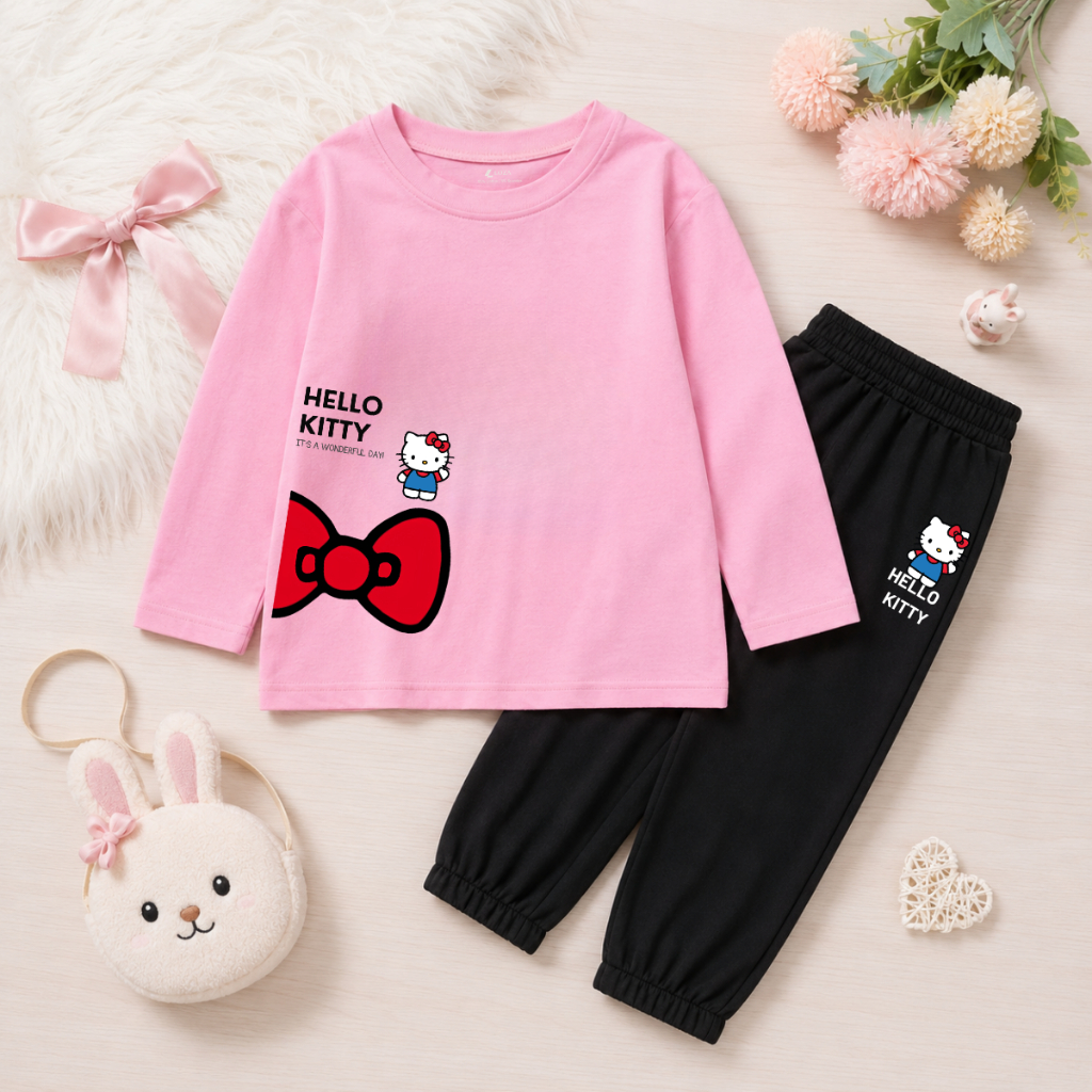 Set bộ Thu - Đông chất liệu cotton cho  bé gái  in hình nơ Mèo Hello Kitty - Loza Kids BW715