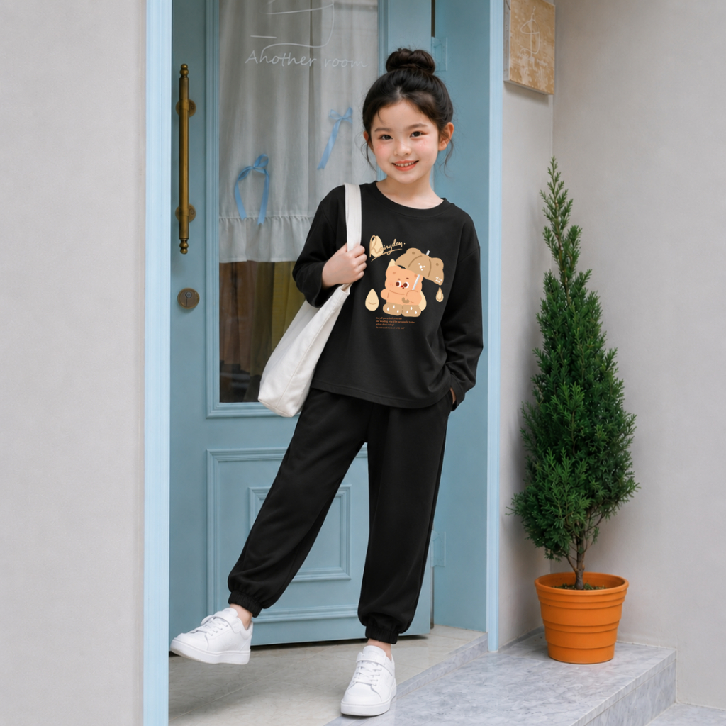 Set bộ Thu - Đông chất liệu cotton bé gái in hình gấu che ô Rainyday đáng yêu - Loza Kids BW001_thumbnail_5