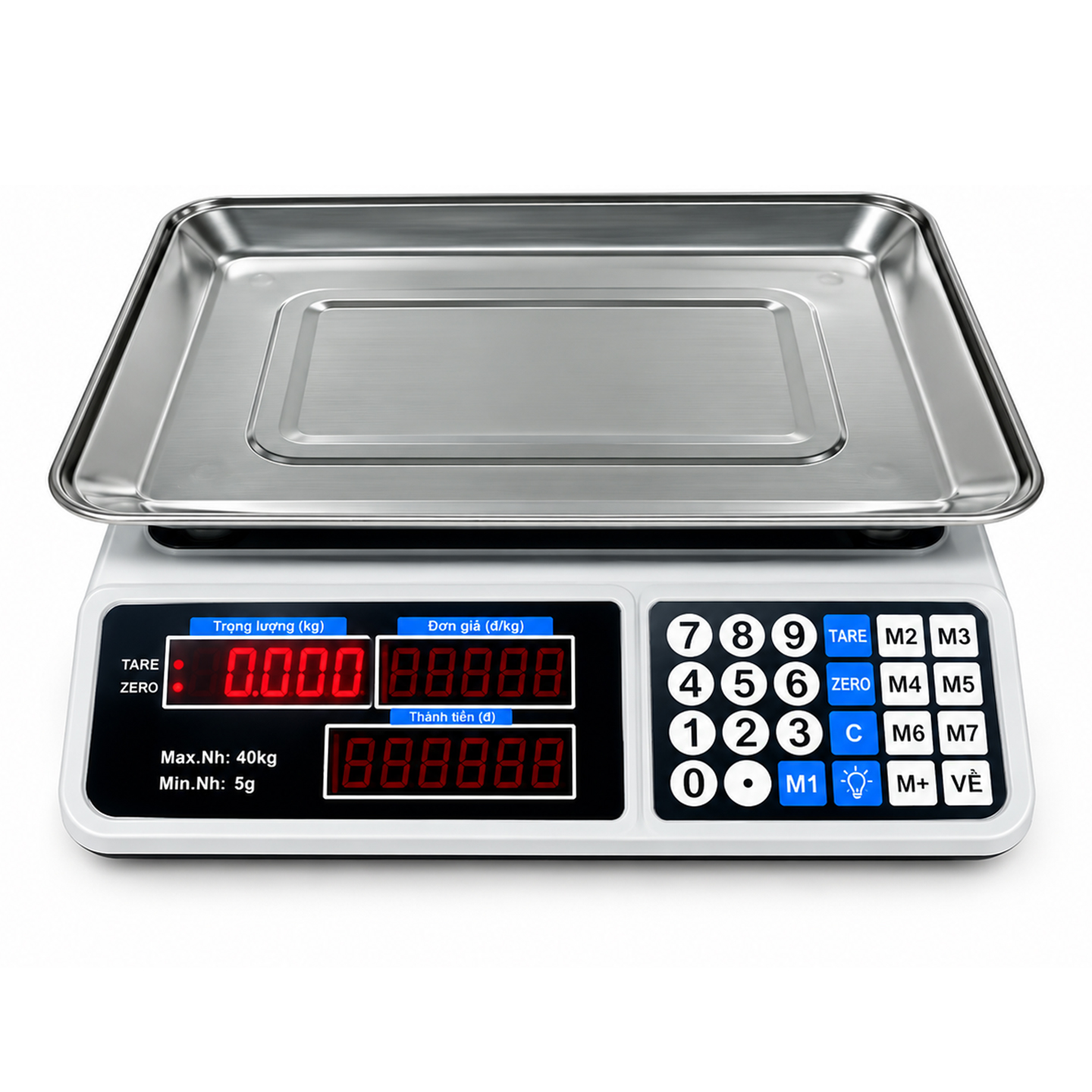Cân Điện Tử Tính Tiền 40kg, Độ Chia 5g, Tính Giá, Màn Hình 2 Mặt, Đĩa Inox