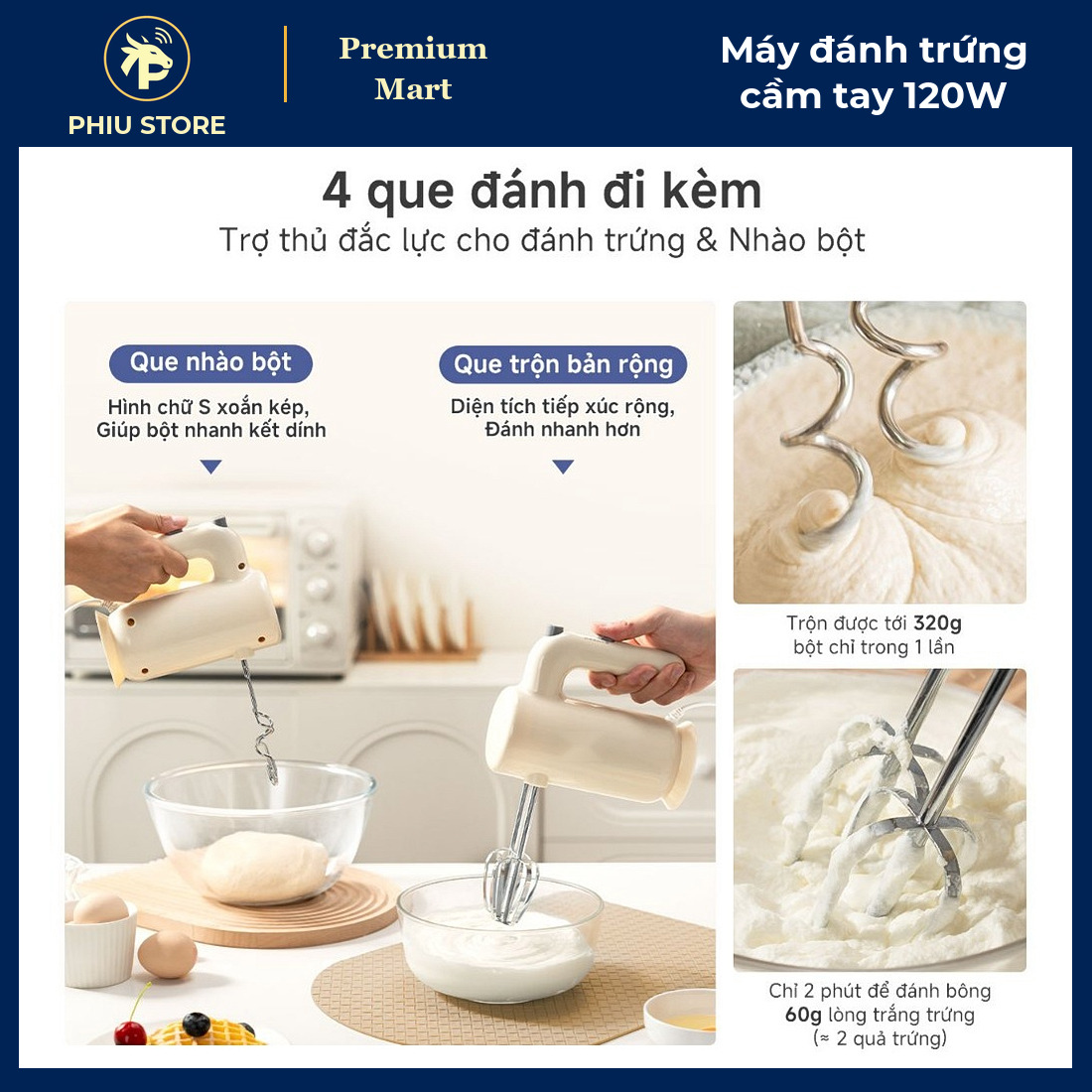 Máy Đánh Trứng Cầm Tay 120W 5 Mức Tốc Độ Kèm 4 Que Đánh Trứng, Nhào Bột - Máy Đánh Kem, Trộn Bột Làm Bánh - PHIU STORE_thumbnail_4