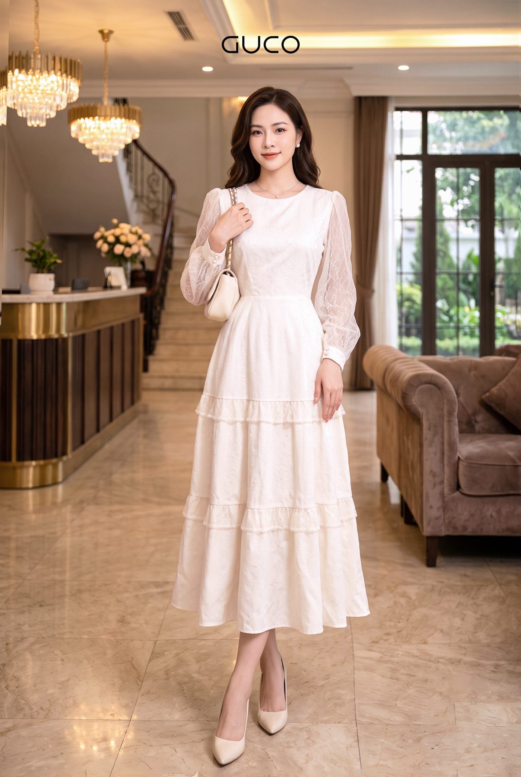 Đầm Xòe Trắng Kem Phối Tơ Xếp Tầng Tay Dài - 5283_thumbnail_4
