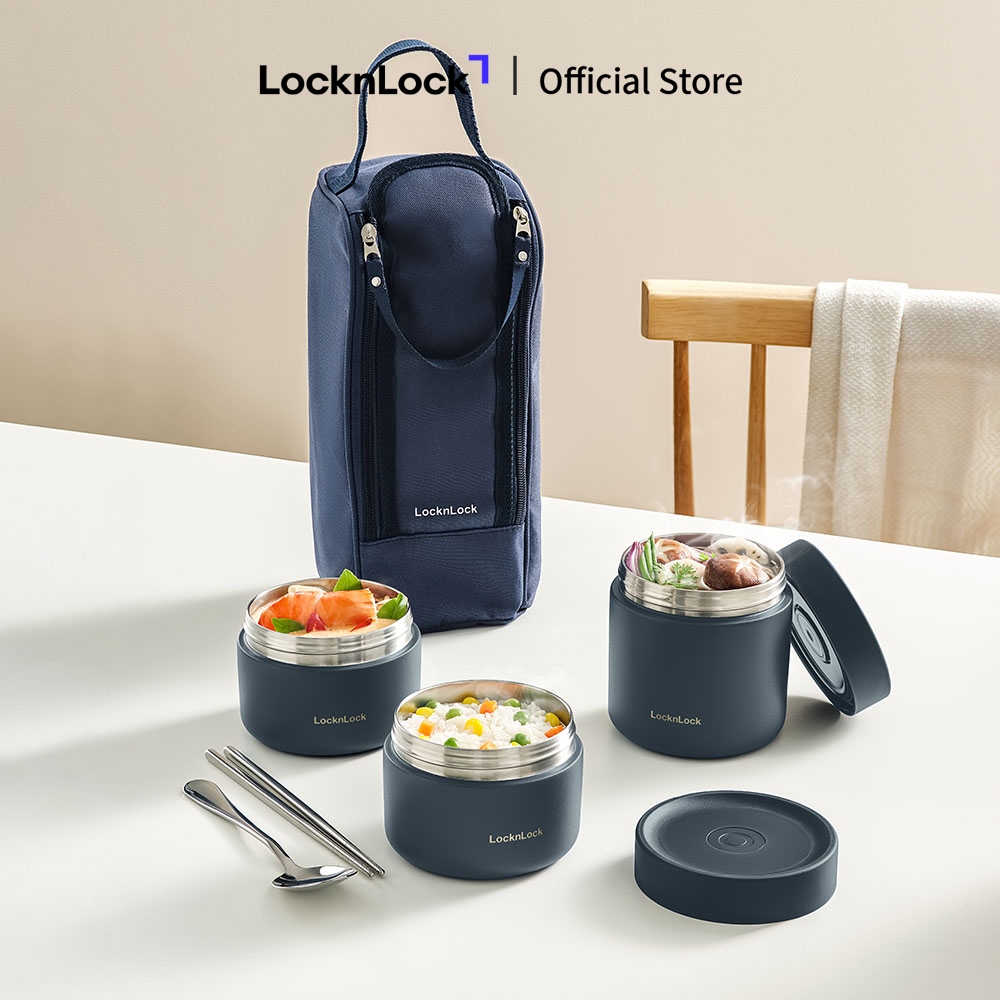 Bộ hộp cơm giữ nhiệt LocknLock LHC8052S01 Pump Vacuum Lunch box (300ml*2, 500ml*1, bộ đũa và thìa, túi) - Màu xanh navy