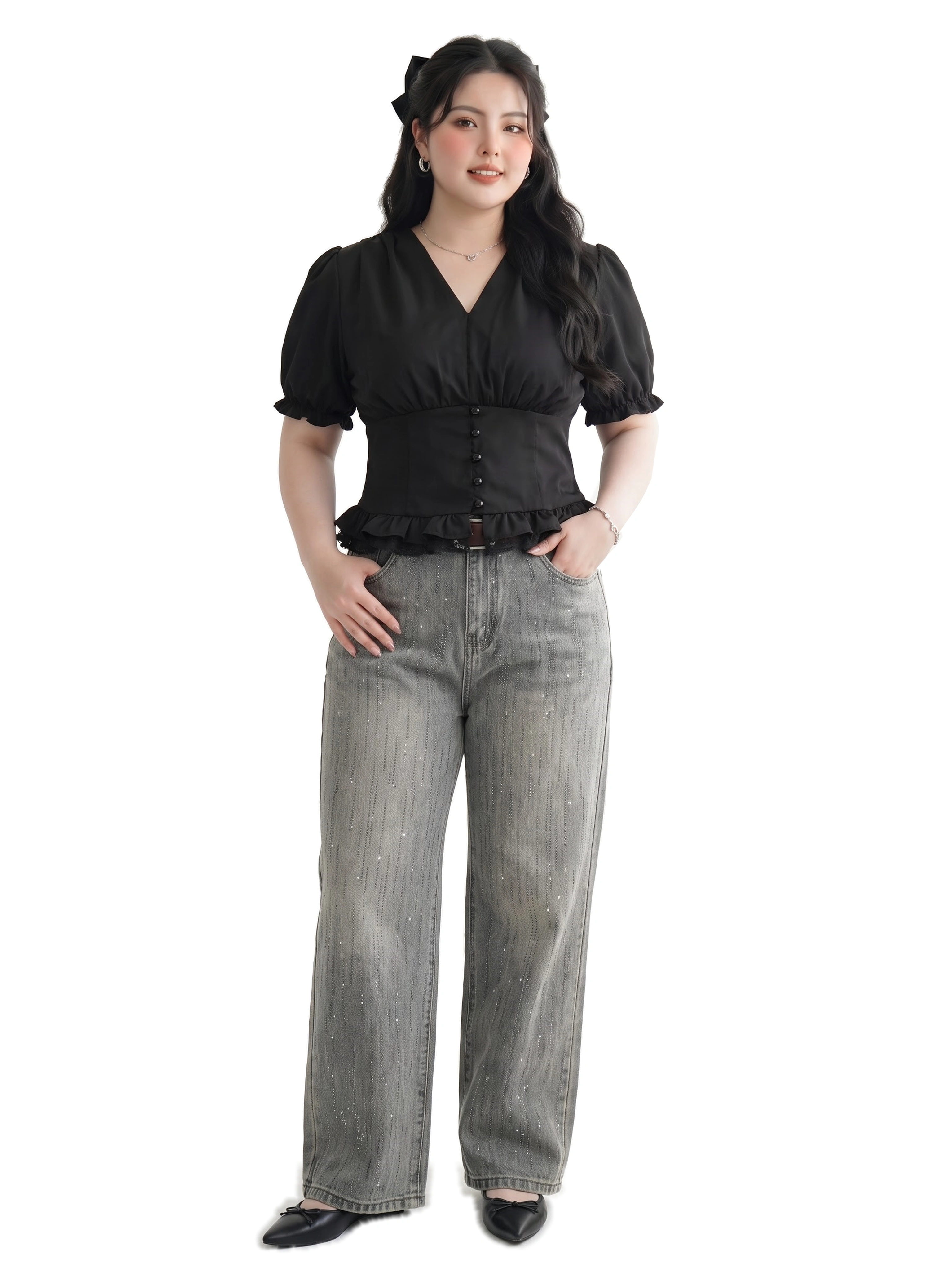 Quần Jean Suông Nấm Ép Đá Bigsize Cạp Cao Ống Rộng Gọn Đùi - Nhạt Bụi - Vừa 55–90kg - T-QJ5056