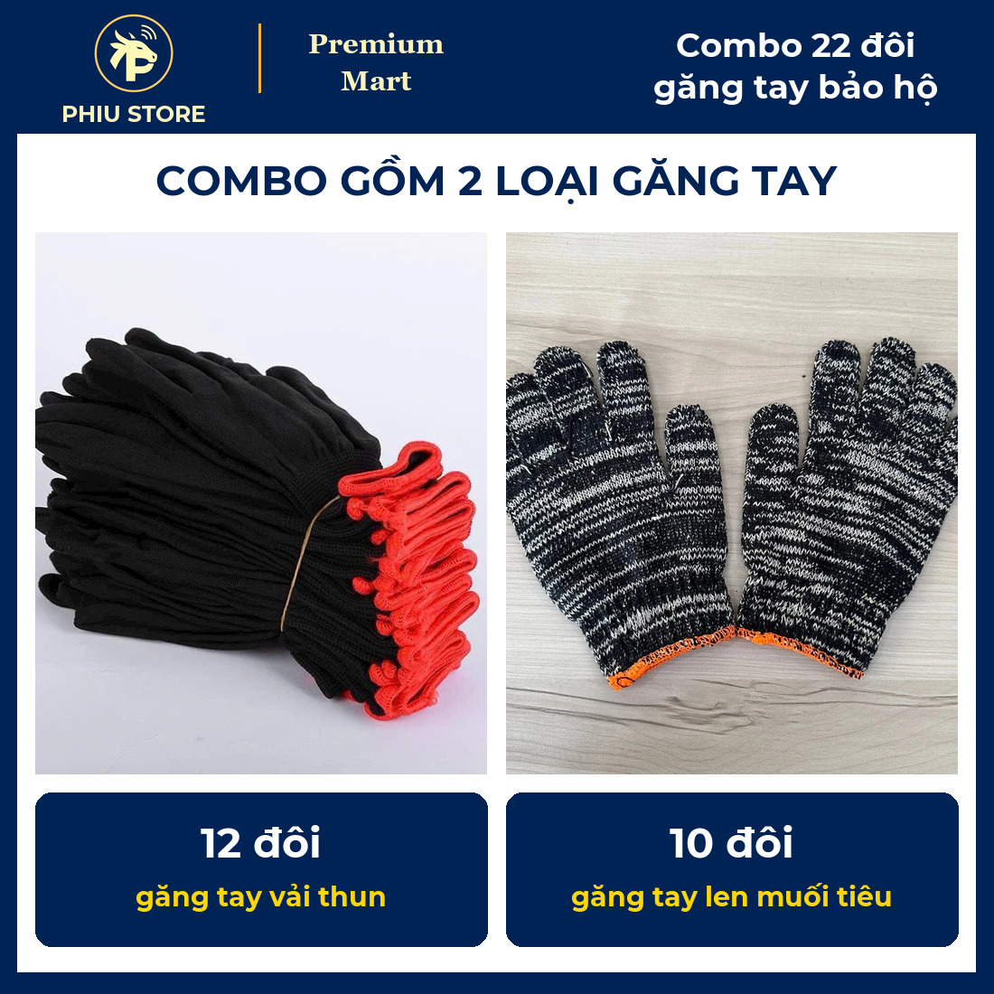 Combo 22 Đôi Găng Tay Bảo Hộ Làm Vườn, Xây Dựng - 12 Đôi Vải Thun Co Giãn + 10 Đôi Len Muối Tiêu - PHIU STORE