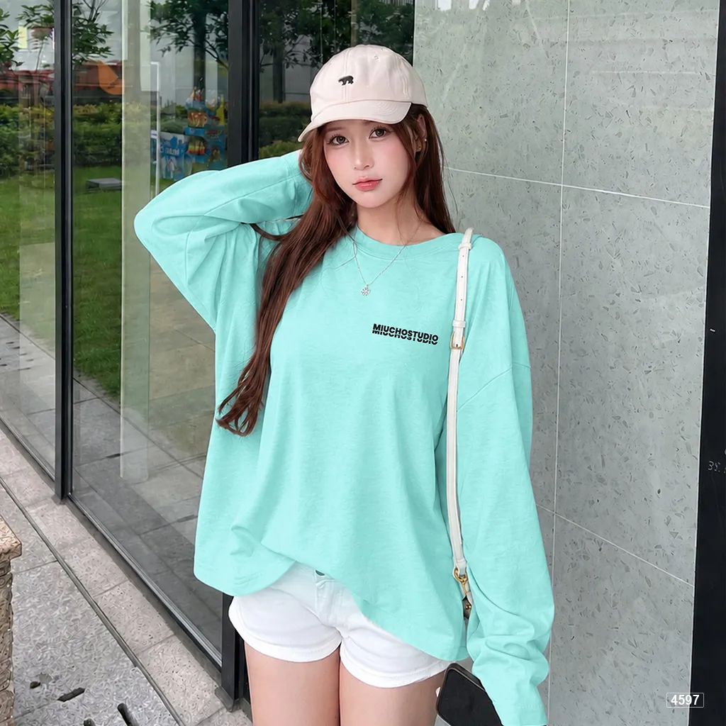 Áo thun nữ boxy tay dài cotton xước Miucho phong cách tối giản Hàn Quốc 4597_thumbnail_2