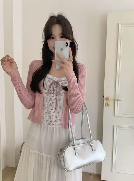 Lucas - Set áo thô hoa nhí cúp ngực viền ren buộc dây nơ + áo cardigan cài cúc