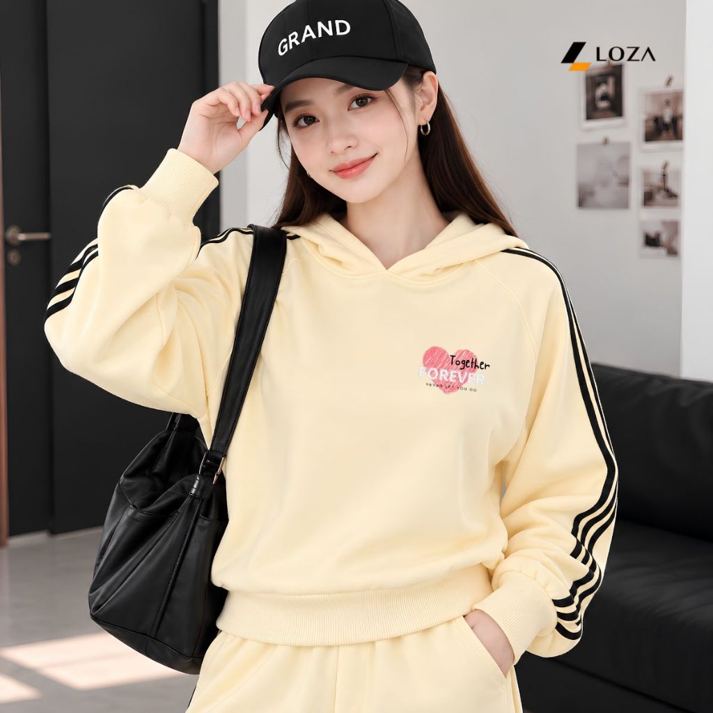 Áo nỉ hoodie nữ phối viền tay dáng ngắn nhiều hình dễ mặc -  Loza NP001_thumbnail_1